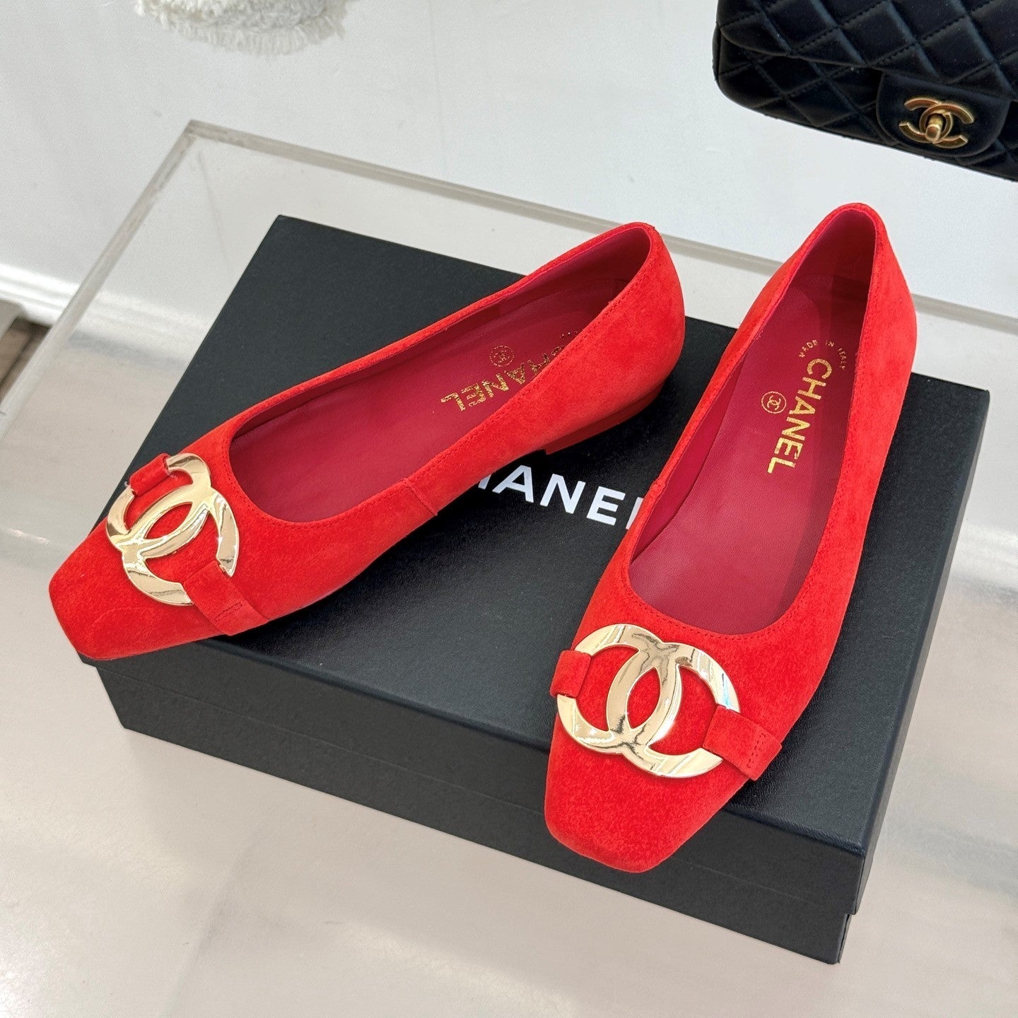 CC 26s Buckle Square Toe Ballet Flat Red Suede 829735