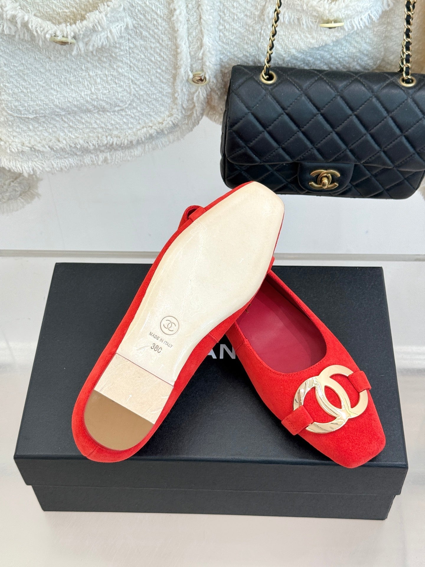 CC 26s Buckle Square Toe Ballet Flat Red Suede 829735