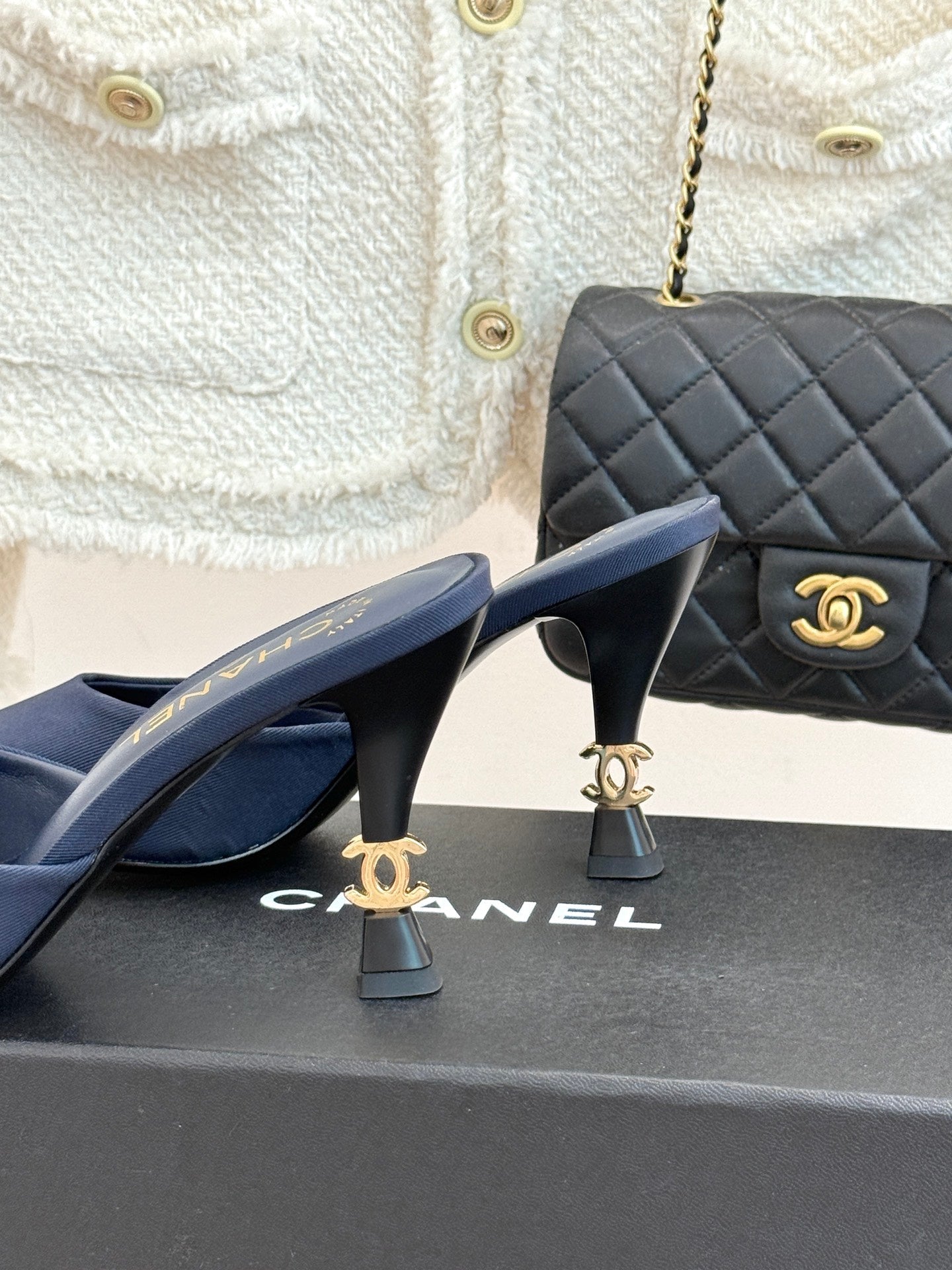 CC 26s Open-Toe Mule Sandals Dark Blue Satin 936841