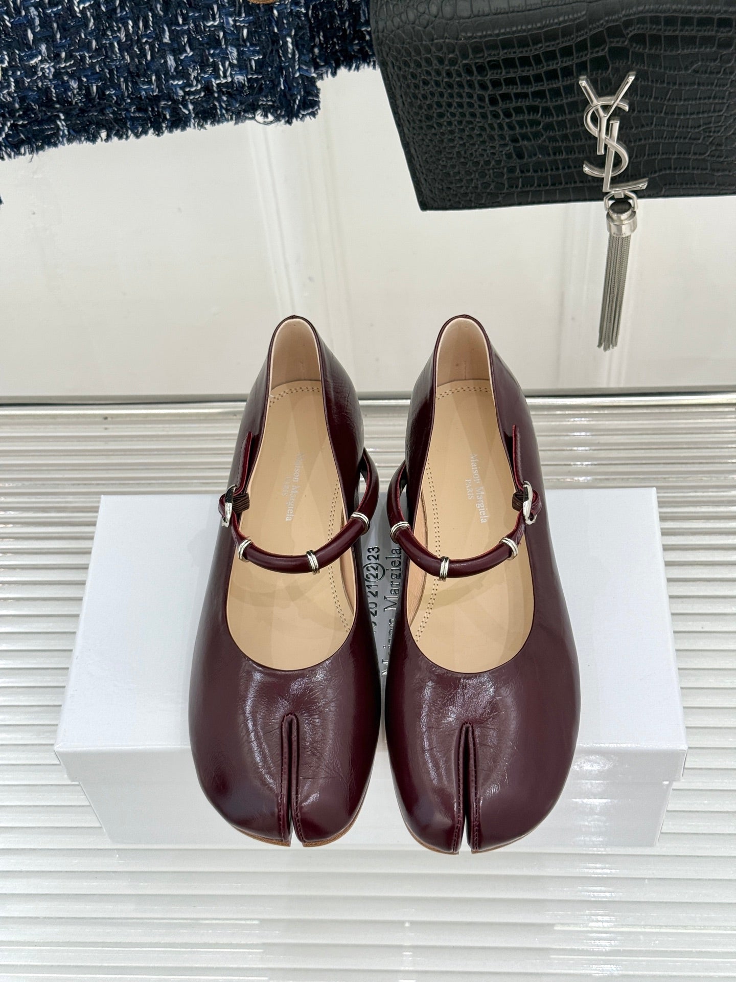 MM6 26s Tabi Mary Jane Ballerina Flats Burgundy Sheepskin 991559