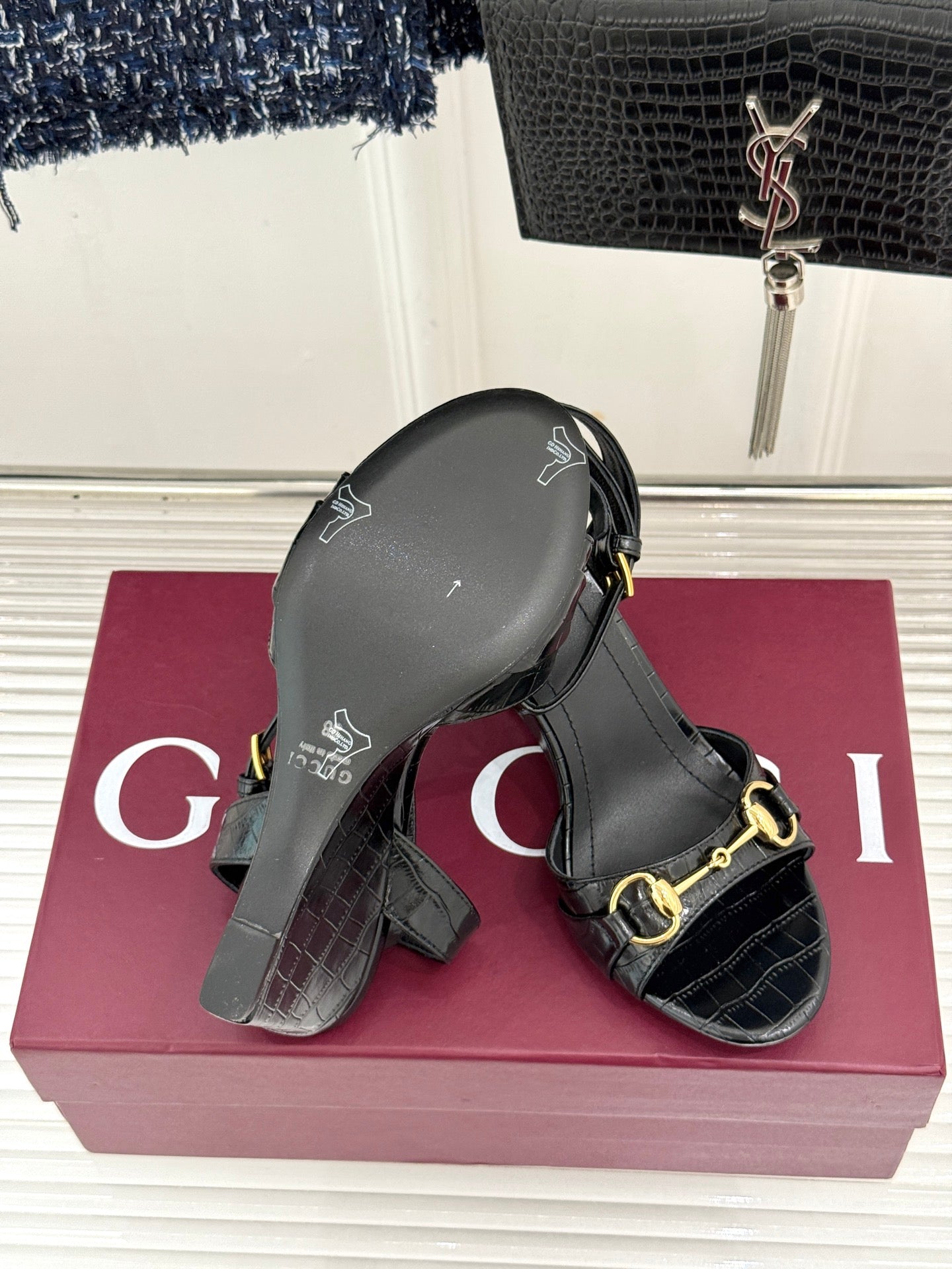 GG 26s Donna Wedge Sandal 8cm Black Embossed Sheepskin 991717