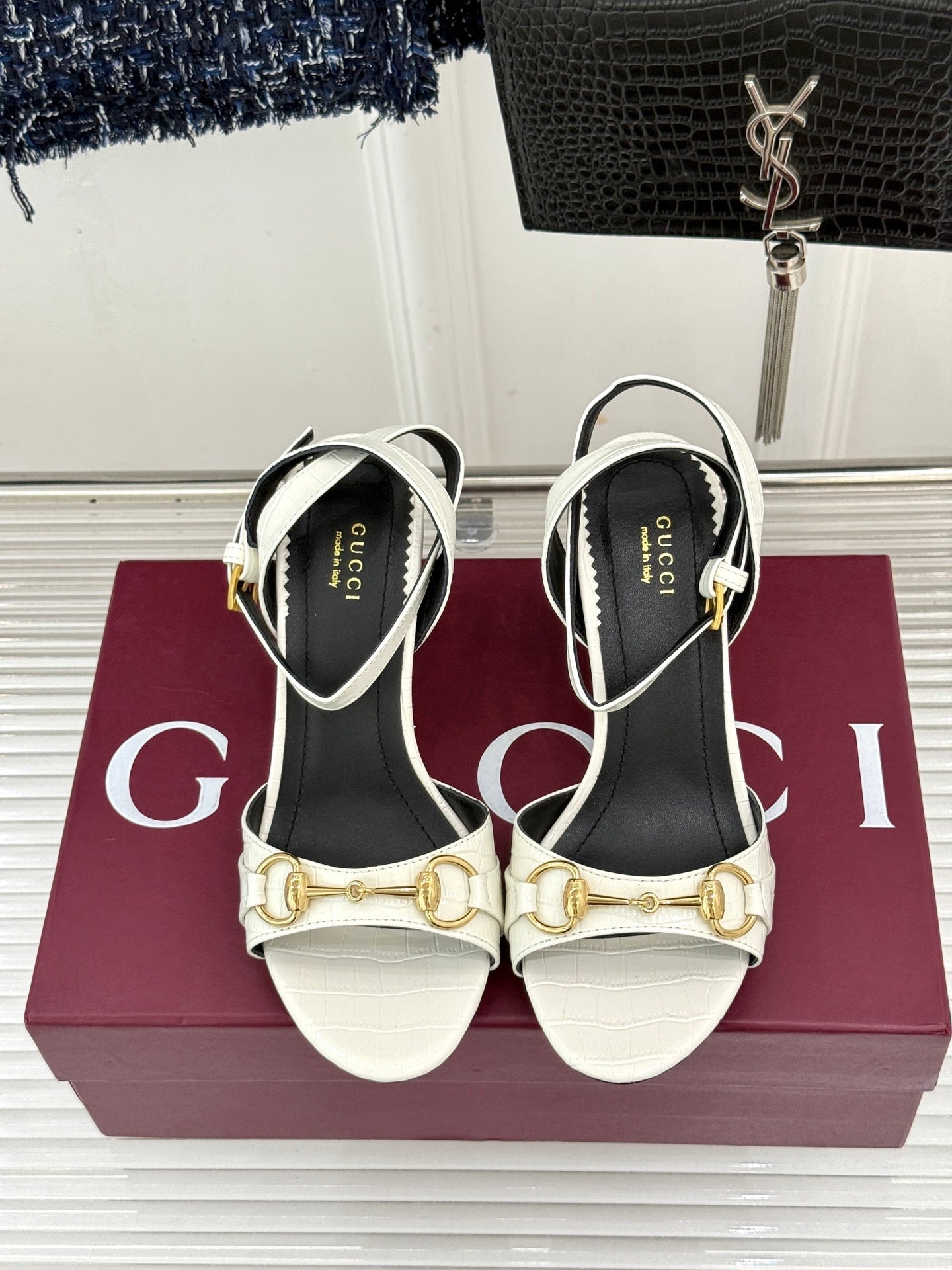 GG 26s Donna Wedge Sandal 8cm White Embossed Sheepskin 991719