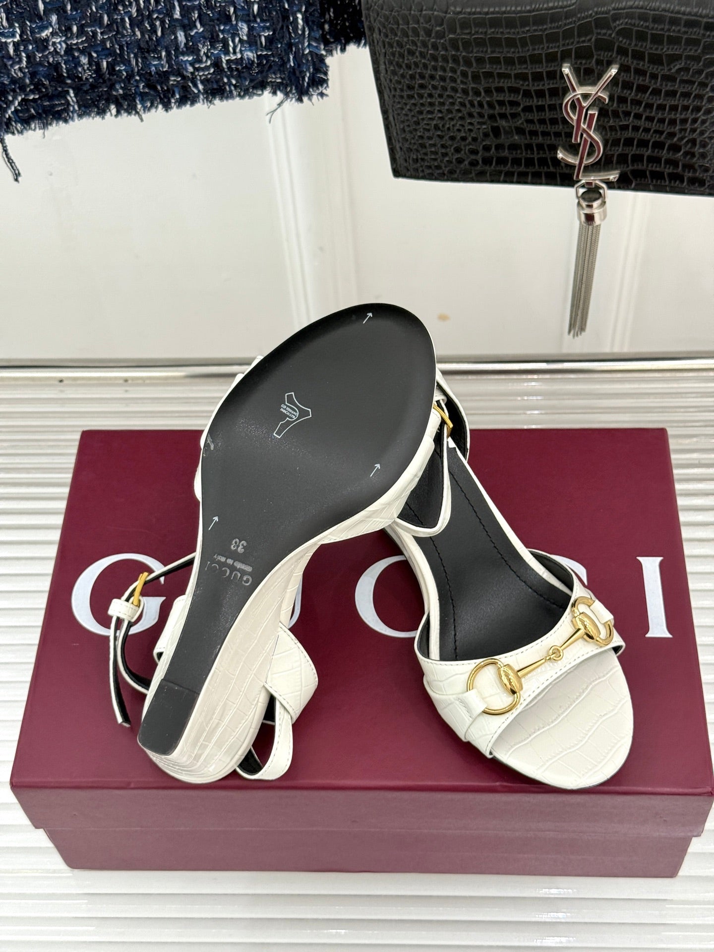 GG 26s Donna Wedge Sandal 8cm White Embossed Sheepskin 991719