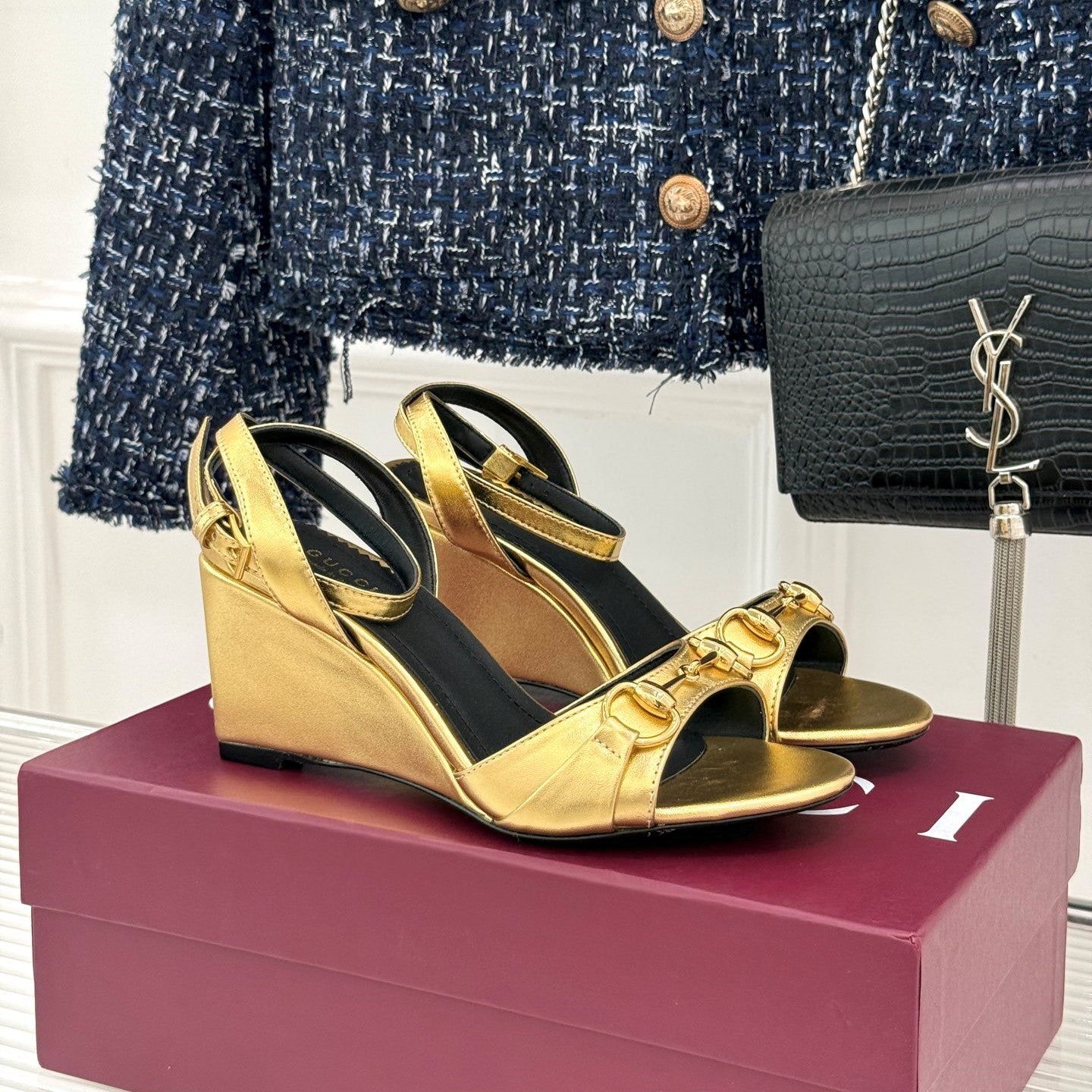 GG 26s Donna Wedge Sandal 8cm Gold Sheepskin 991720