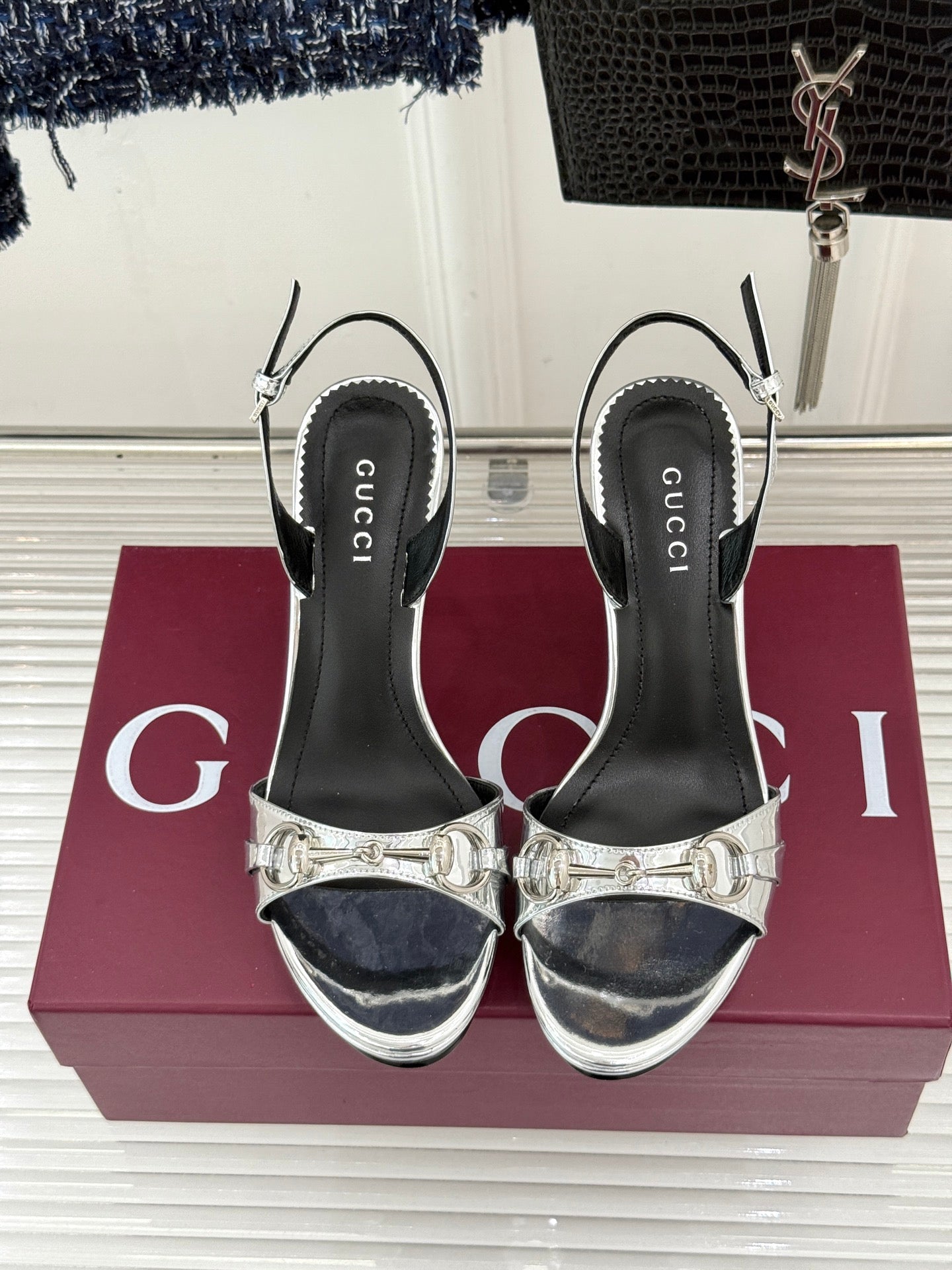 GG 26s Donna Platform Sandal 12cm Sliver Patent Leather 991728