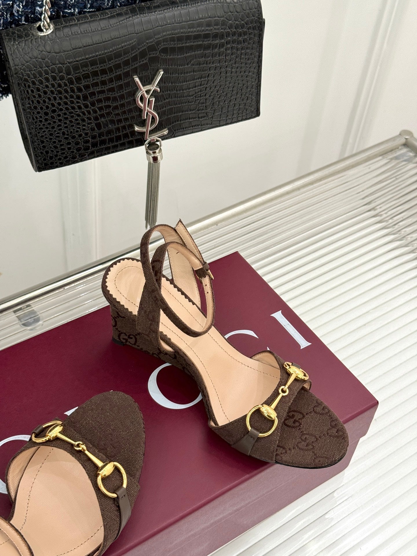 GG 26s Donna Wedge Sandal 8cm Coffee Canvas 991732