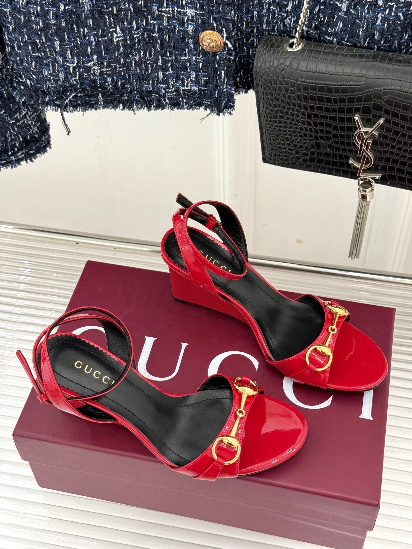 GG 26s Donna Wedge Sandal 8cm Red Sheepskin 991736