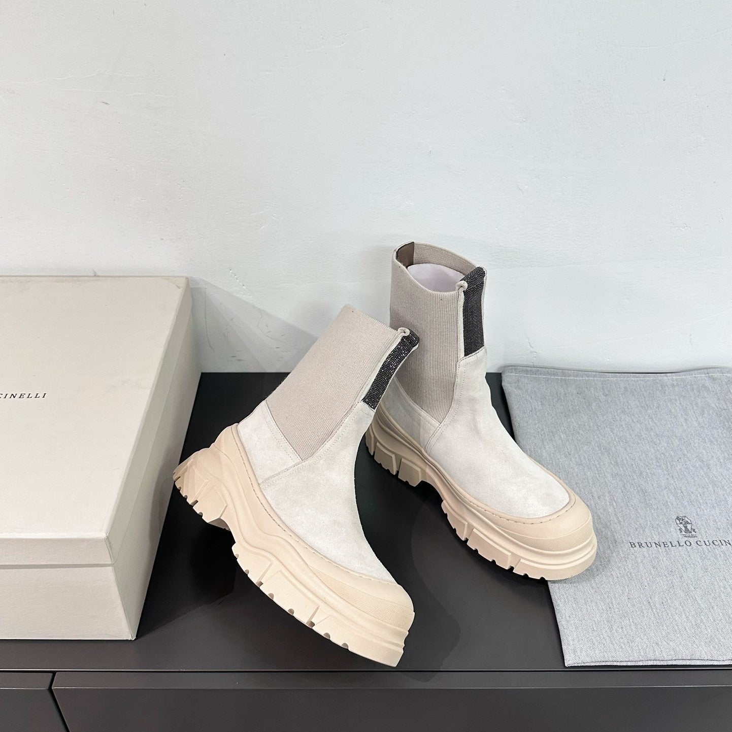 Brunello Monili-Bead Ankle Boots Ivory Suede Knit 607849
