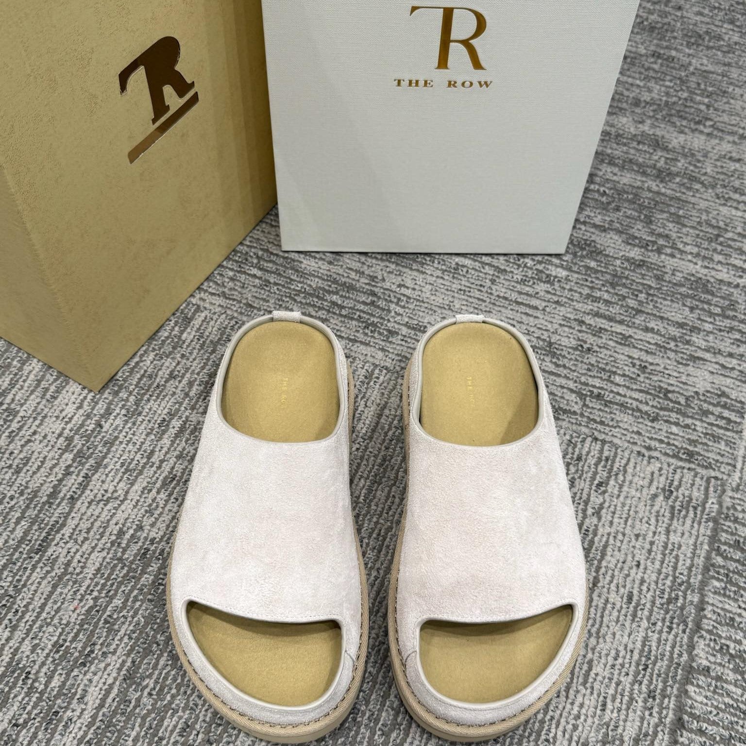 The Row Slide Sandals White Cow Suede 337471