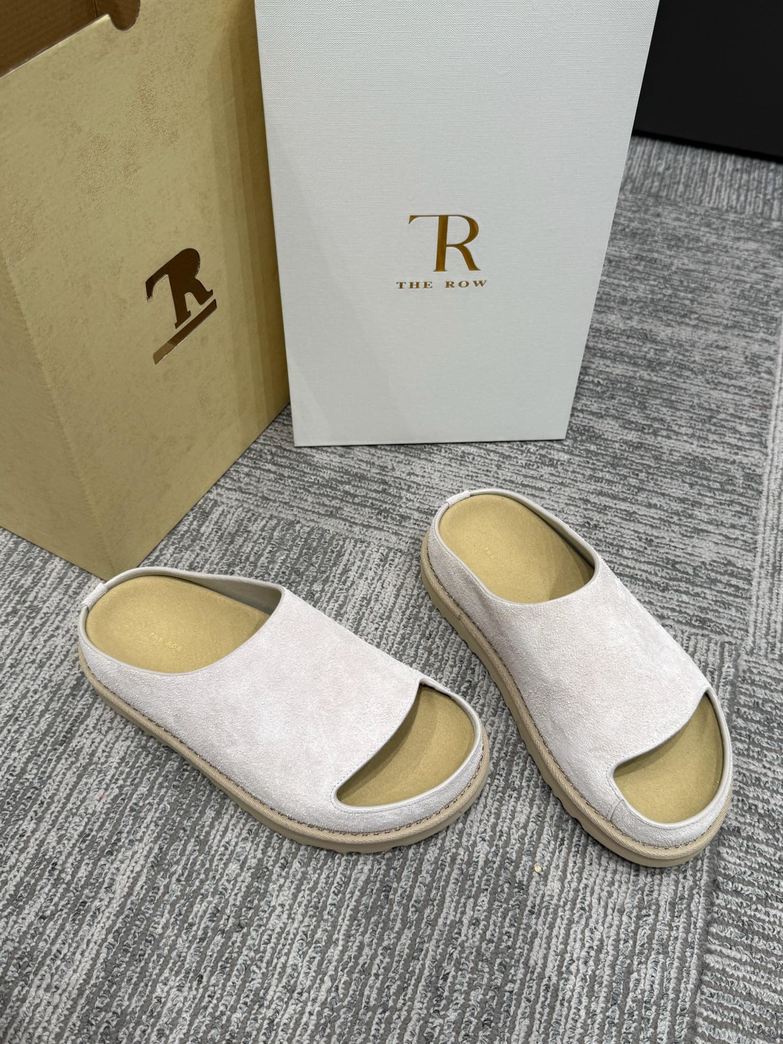 The Row Slide Sandals White Cow Suede 337471