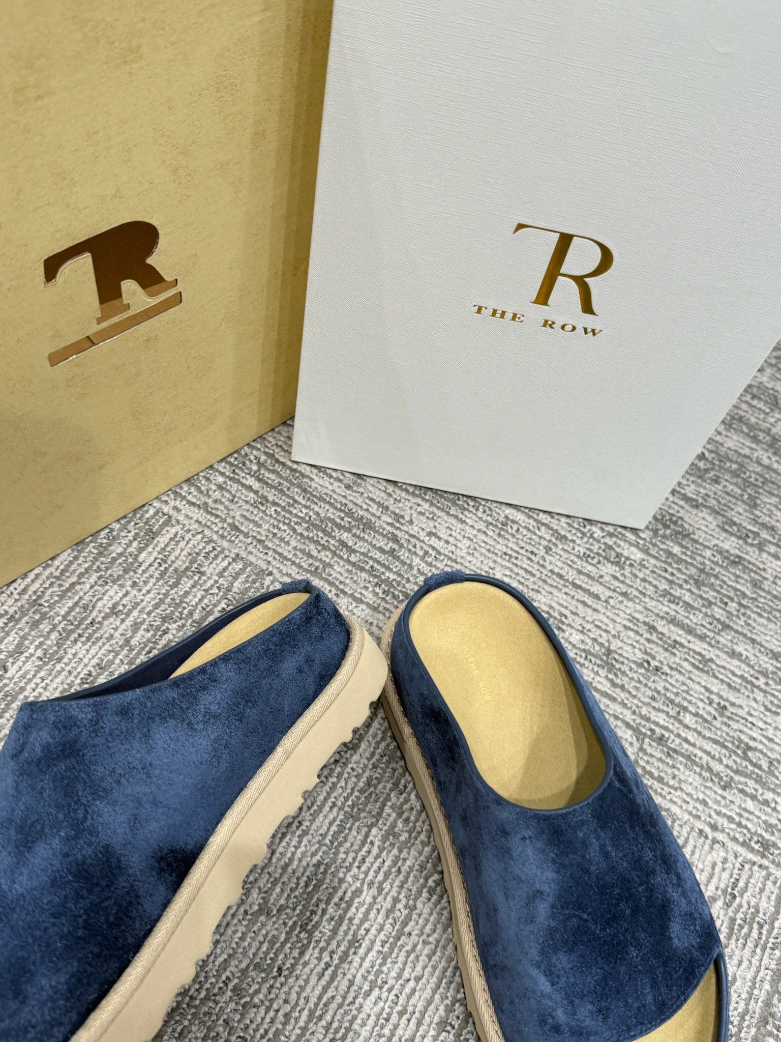 The Row Slide Sandals Navy  Cow Suede 337474