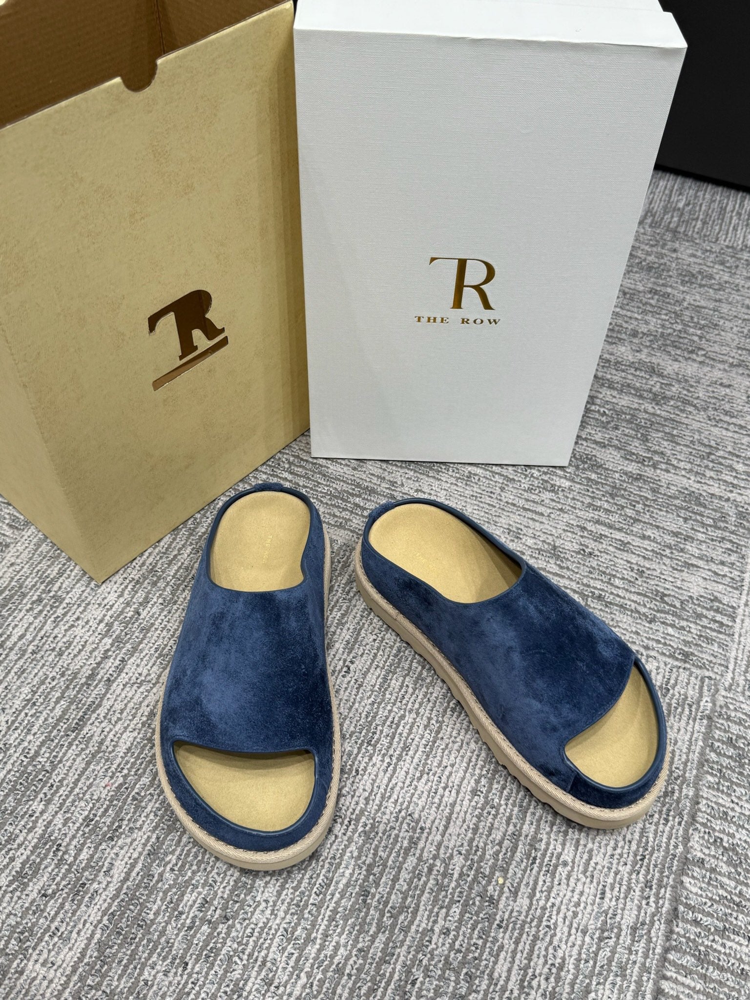 The Row Slide Sandals Navy  Cow Suede 337474