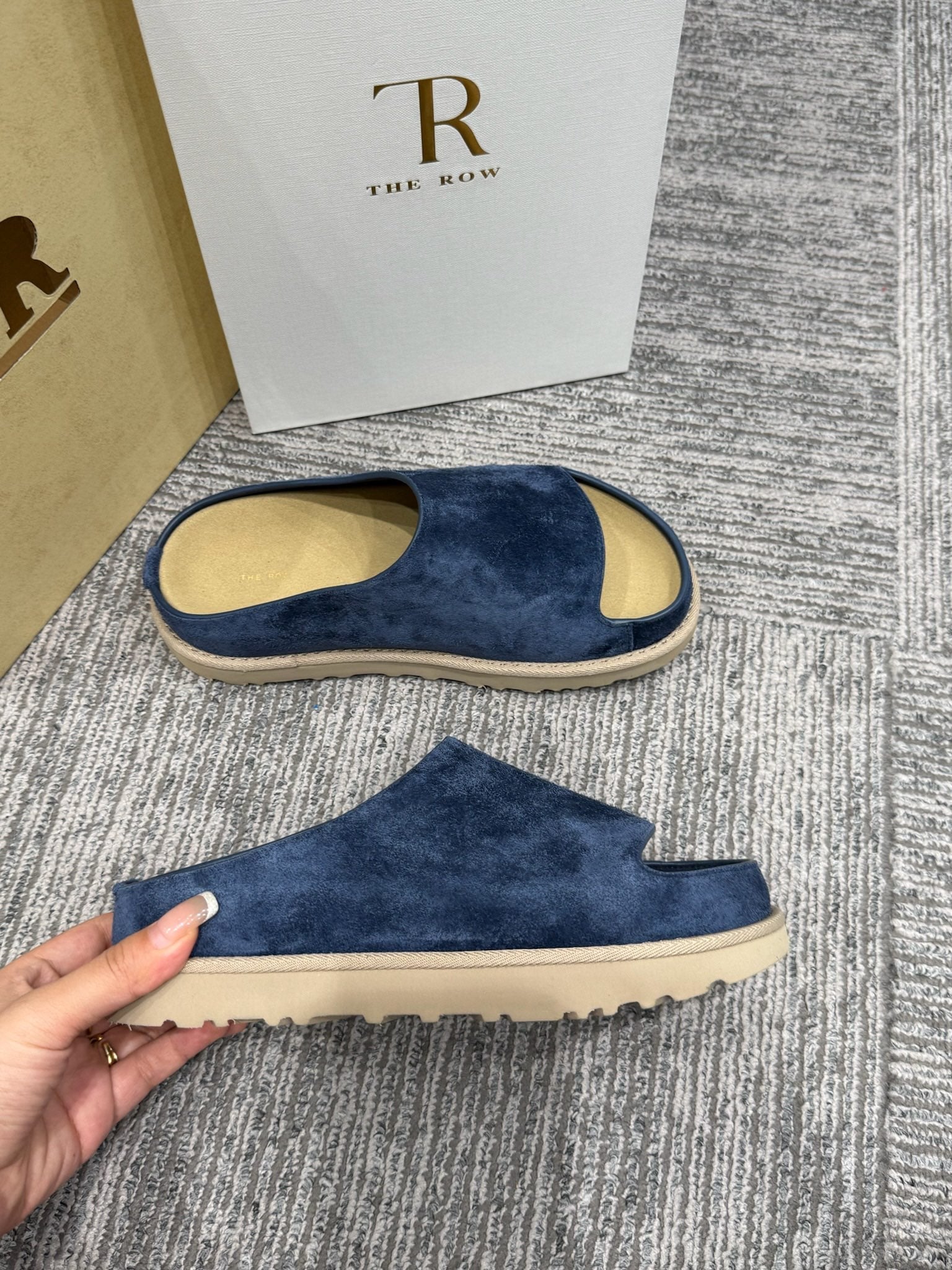 The Row Slide Sandals Navy  Cow Suede 337474