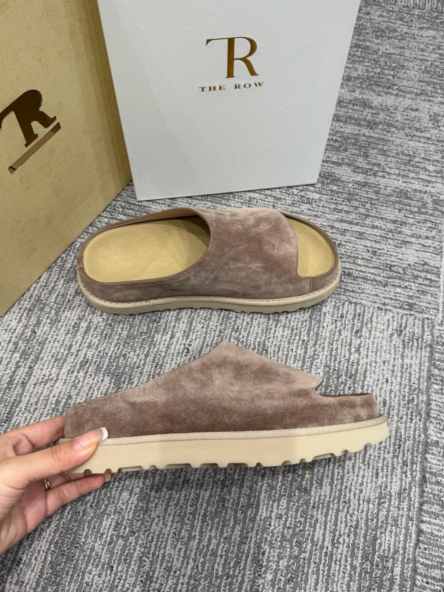 The Row Slide Sandals Taupe Cow Suede 337475