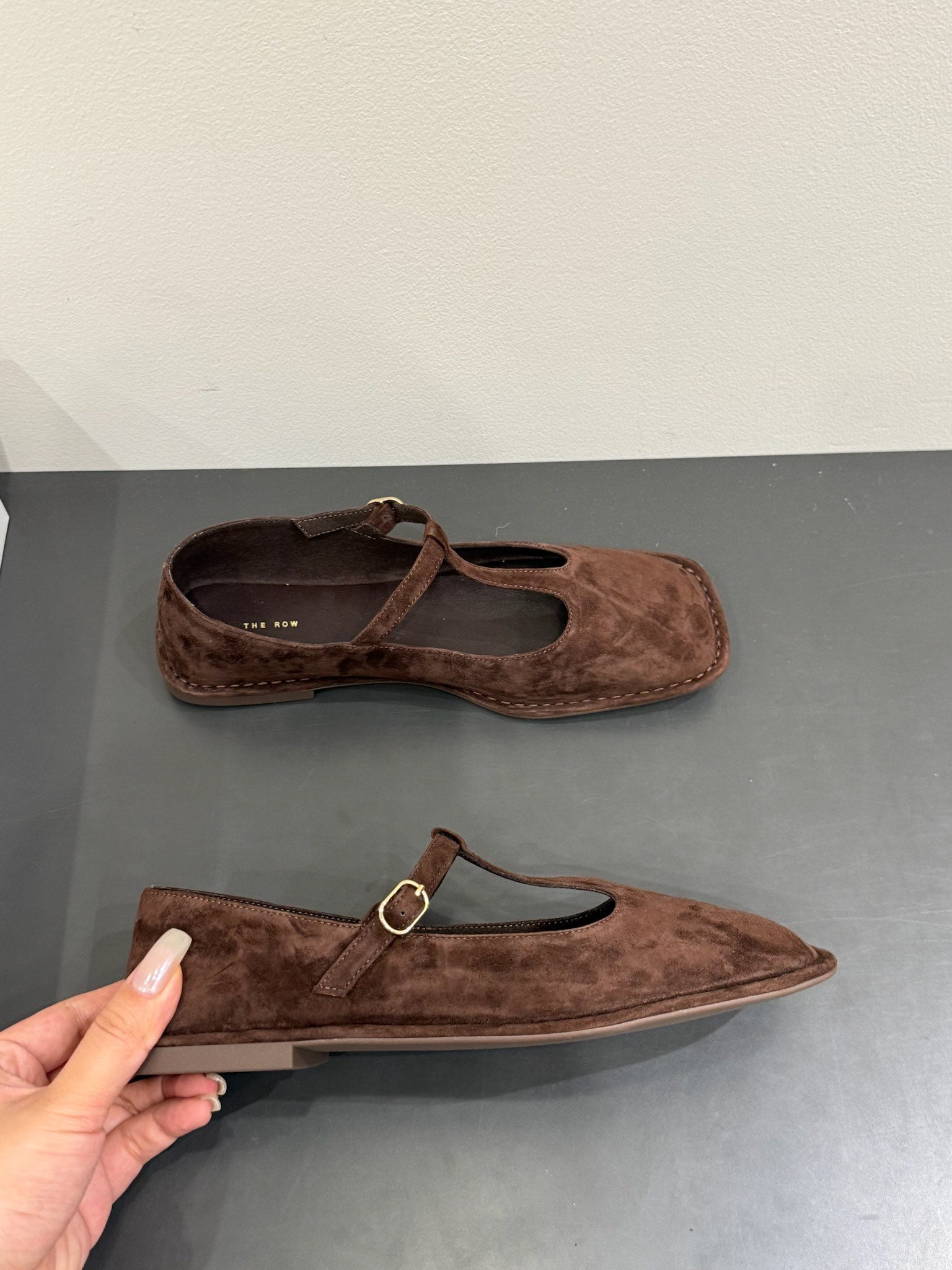 The Row Square T-Strap  Flat Dark Brown Suede 337499
