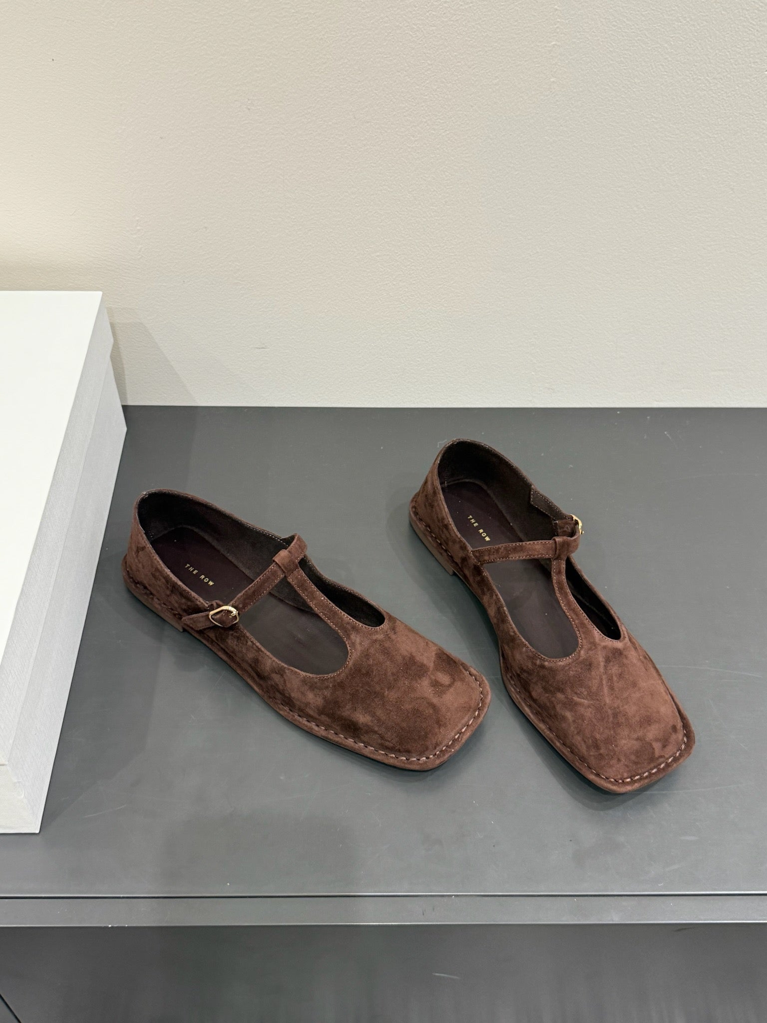 The Row Square T-Strap  Flat Dark Brown Suede 337499