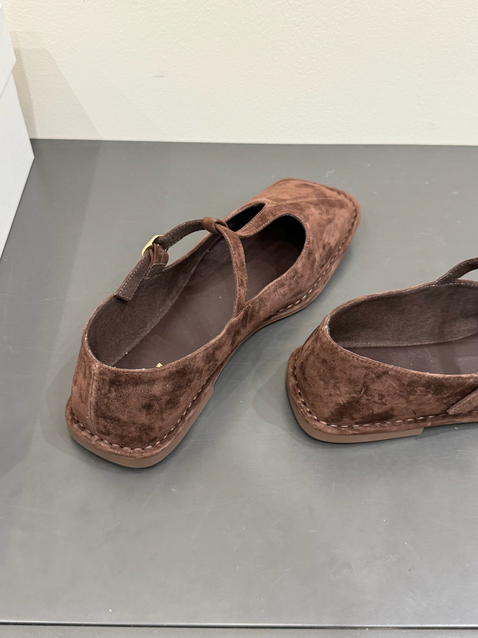 The Row Square T-Strap  Flat Dark Brown Suede 337499