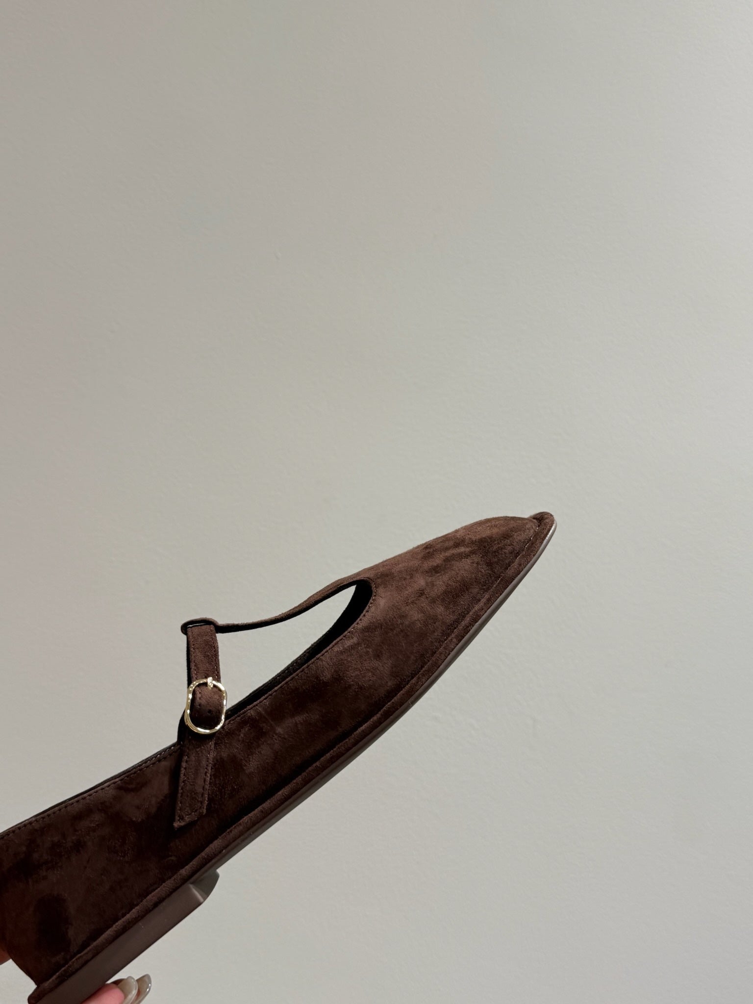 The Row Square T-Strap  Flat Dark Brown Suede 337499