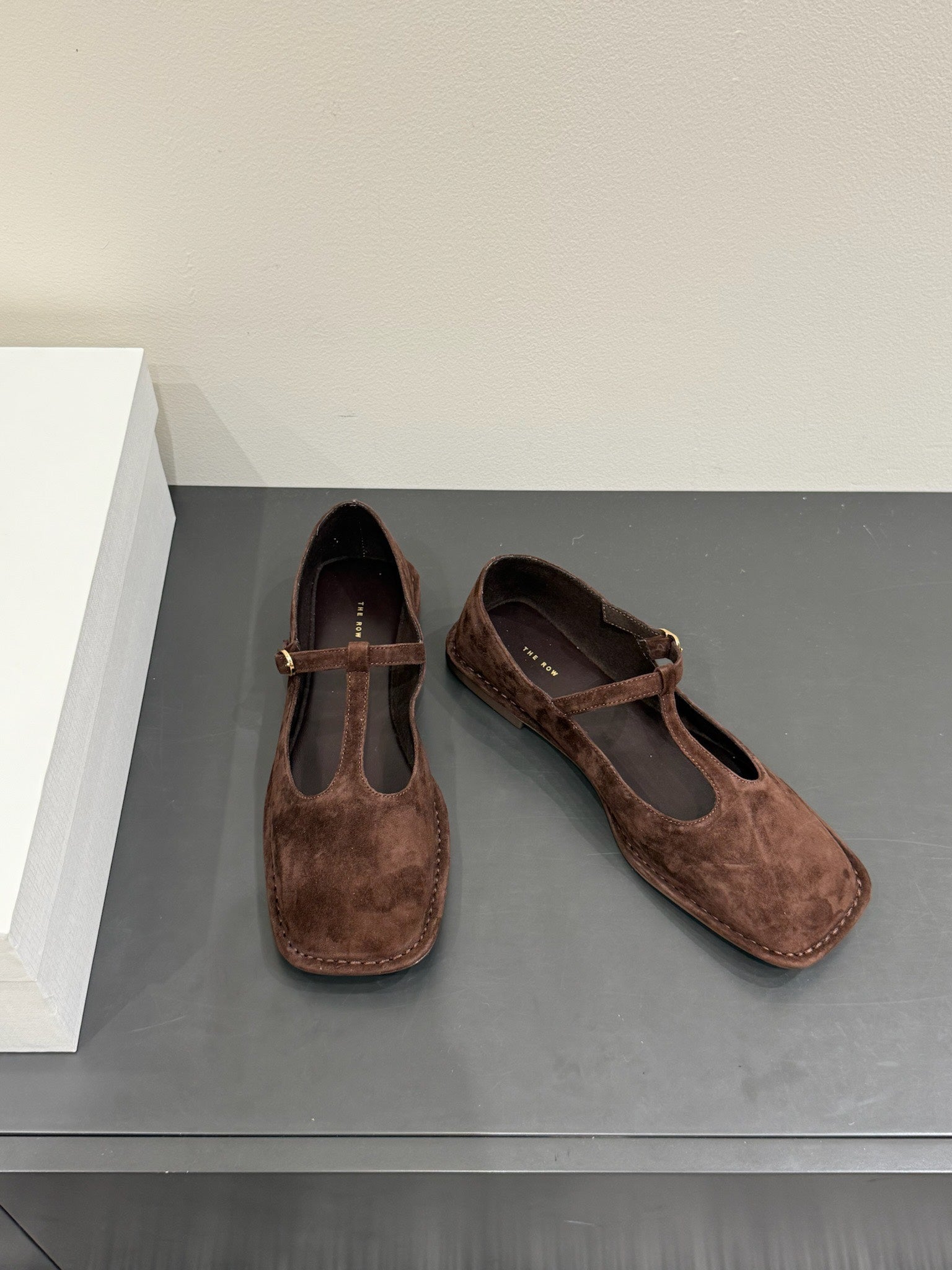 The Row Square T-Strap  Flat Dark Brown Suede 337499