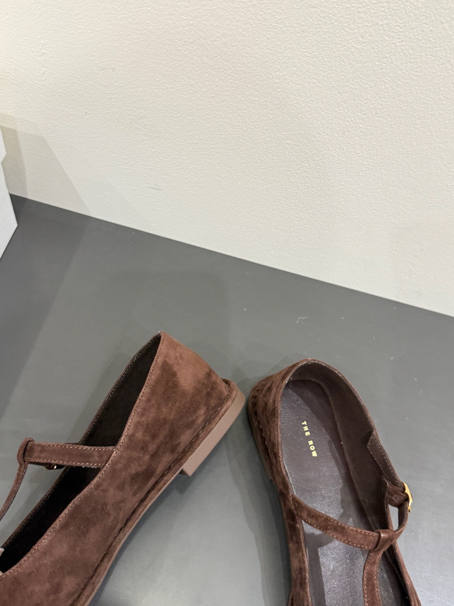 The Row Square T-Strap  Flat Dark Brown Suede 337499