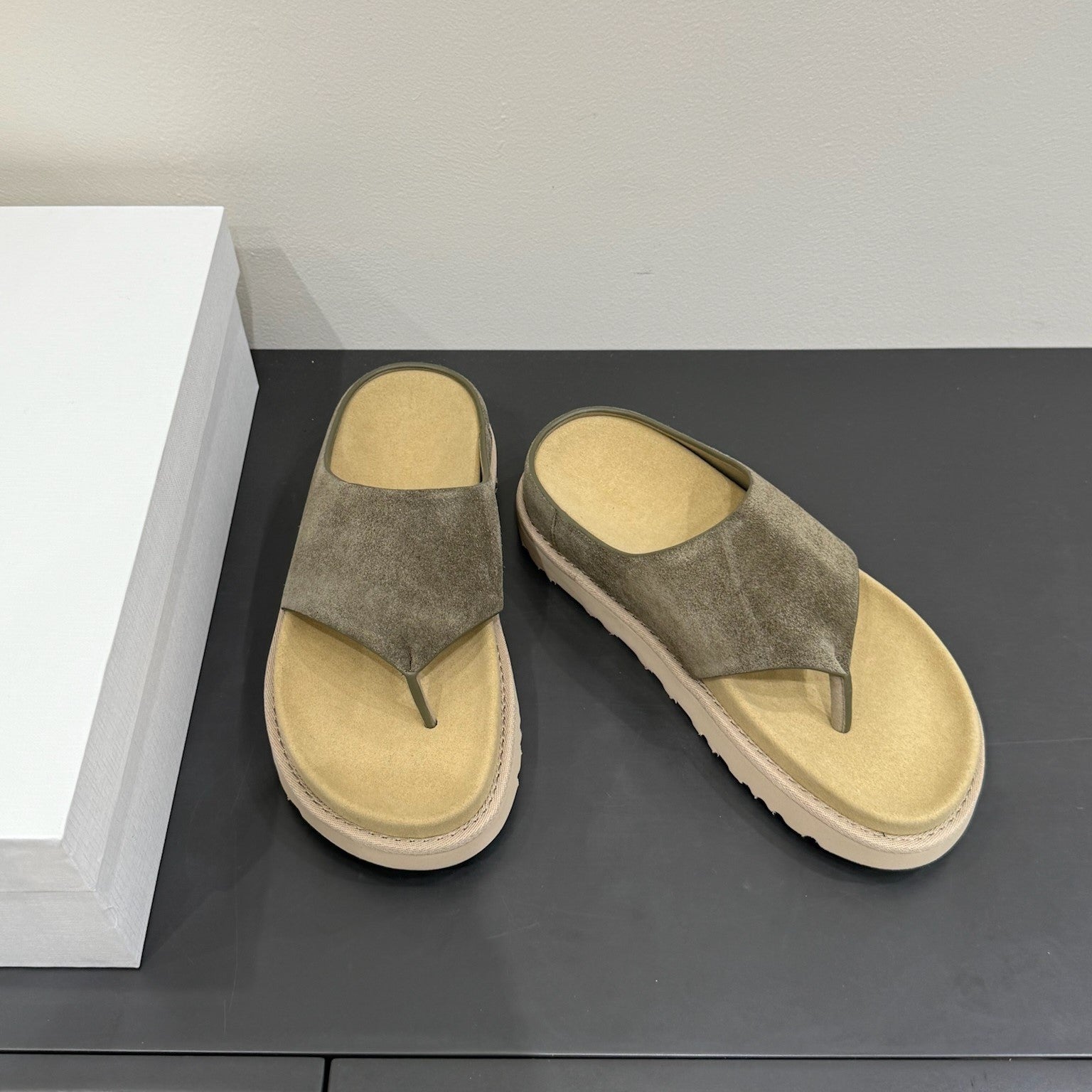 The Row Flat Sandal  Dark Olive Brown Cow Suede 337501
