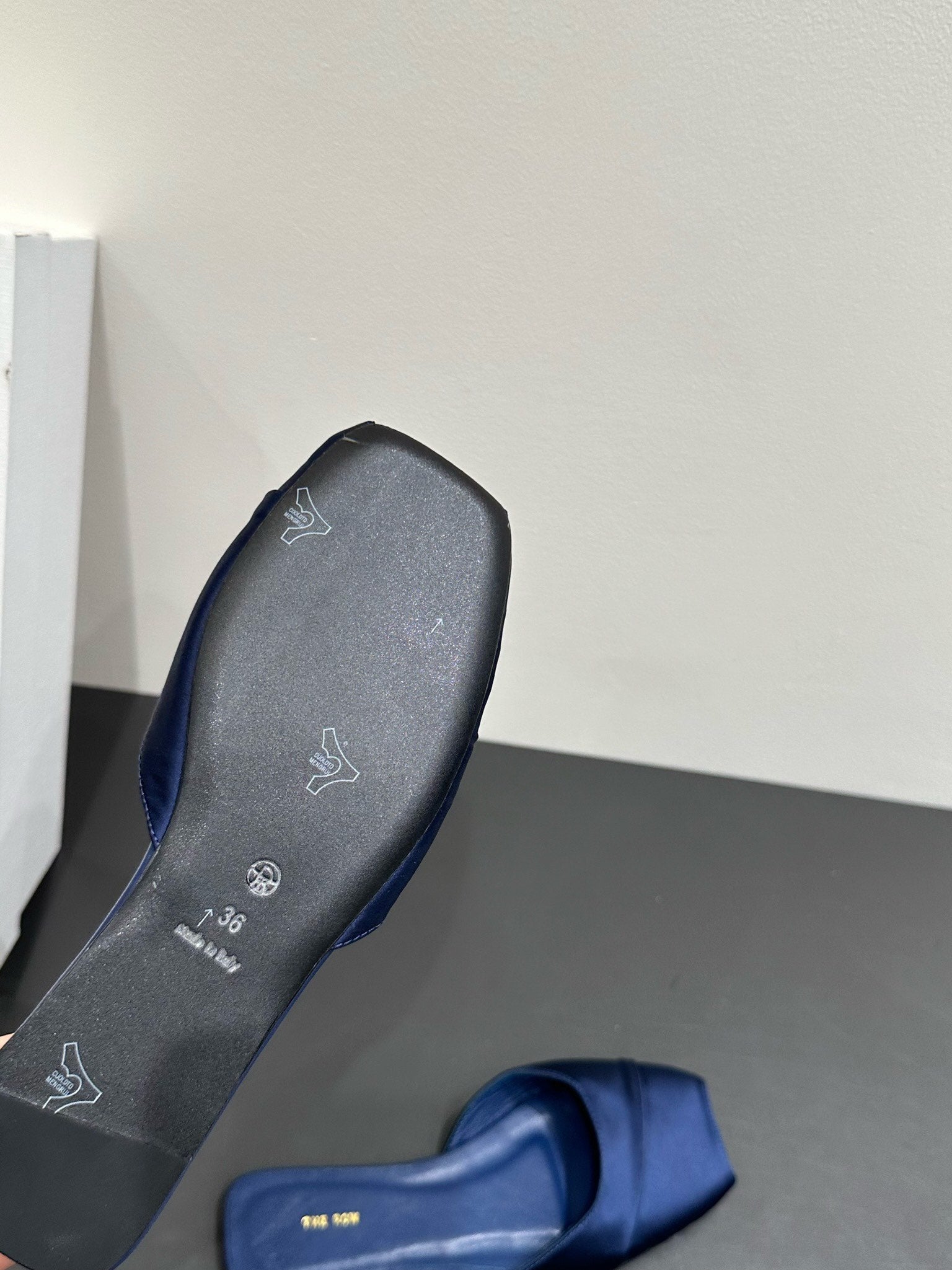 The Row Mule Sandal Navy Blue Satin And Sheepskin Lining 337504