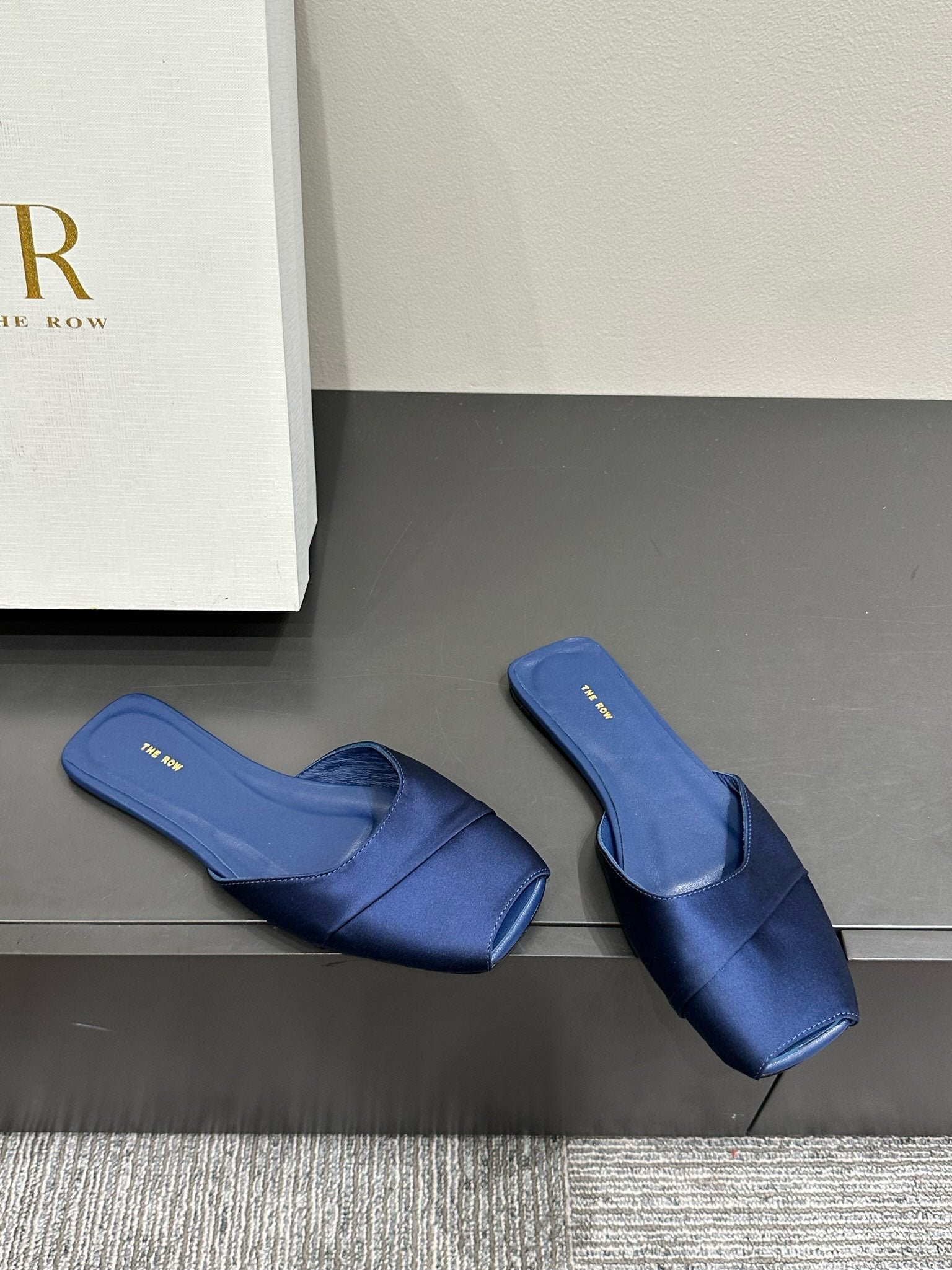 The Row Mule Sandal Navy Blue Satin And Sheepskin Lining 337504