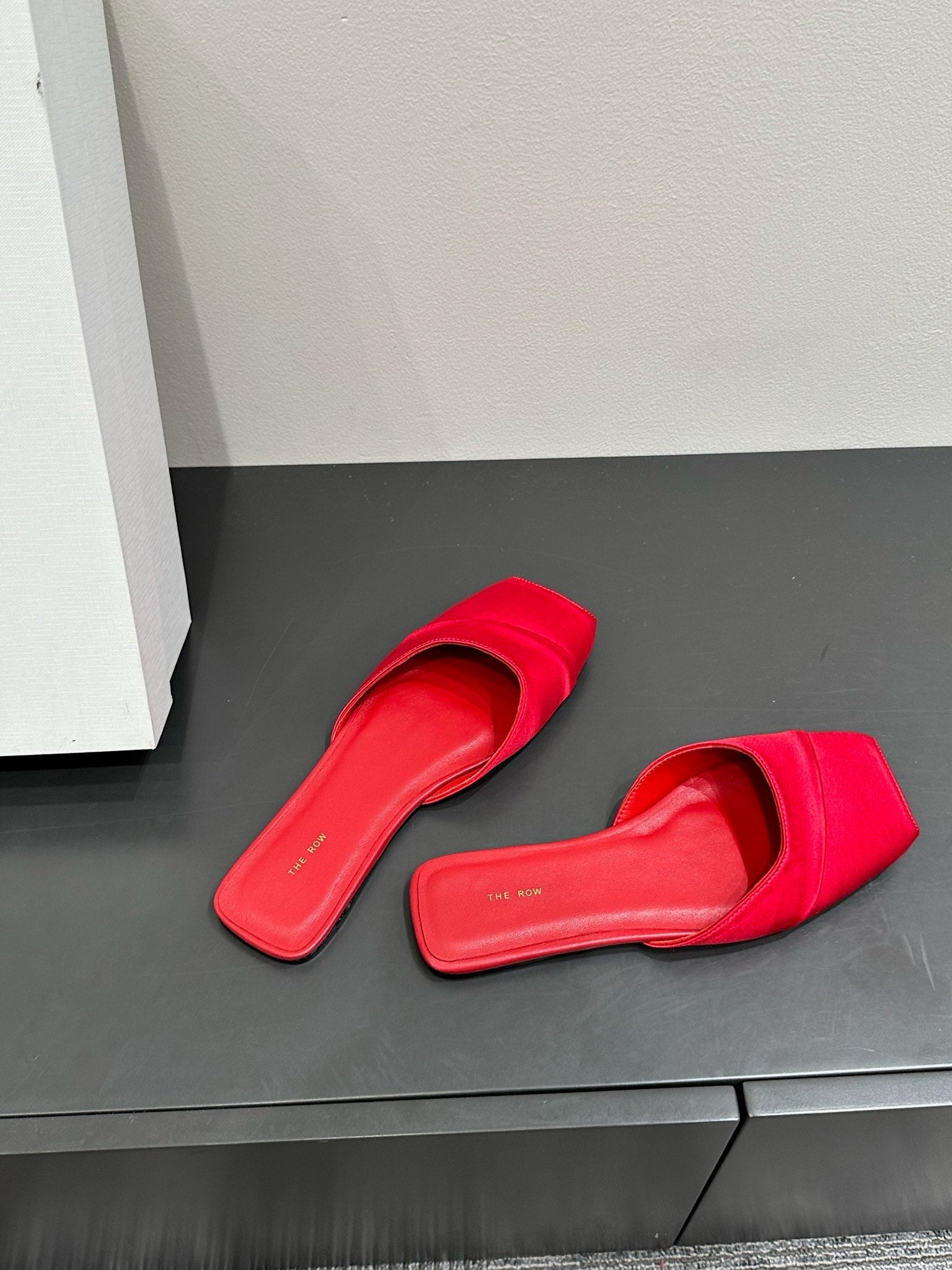 The Row Mule Sandal Red Satin And Sheepskin Lining 337506