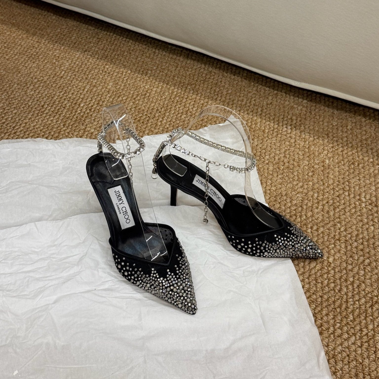 Jimmy Crystal-embellished Saeda Pumps 100mm Black Mesh Drill 420169