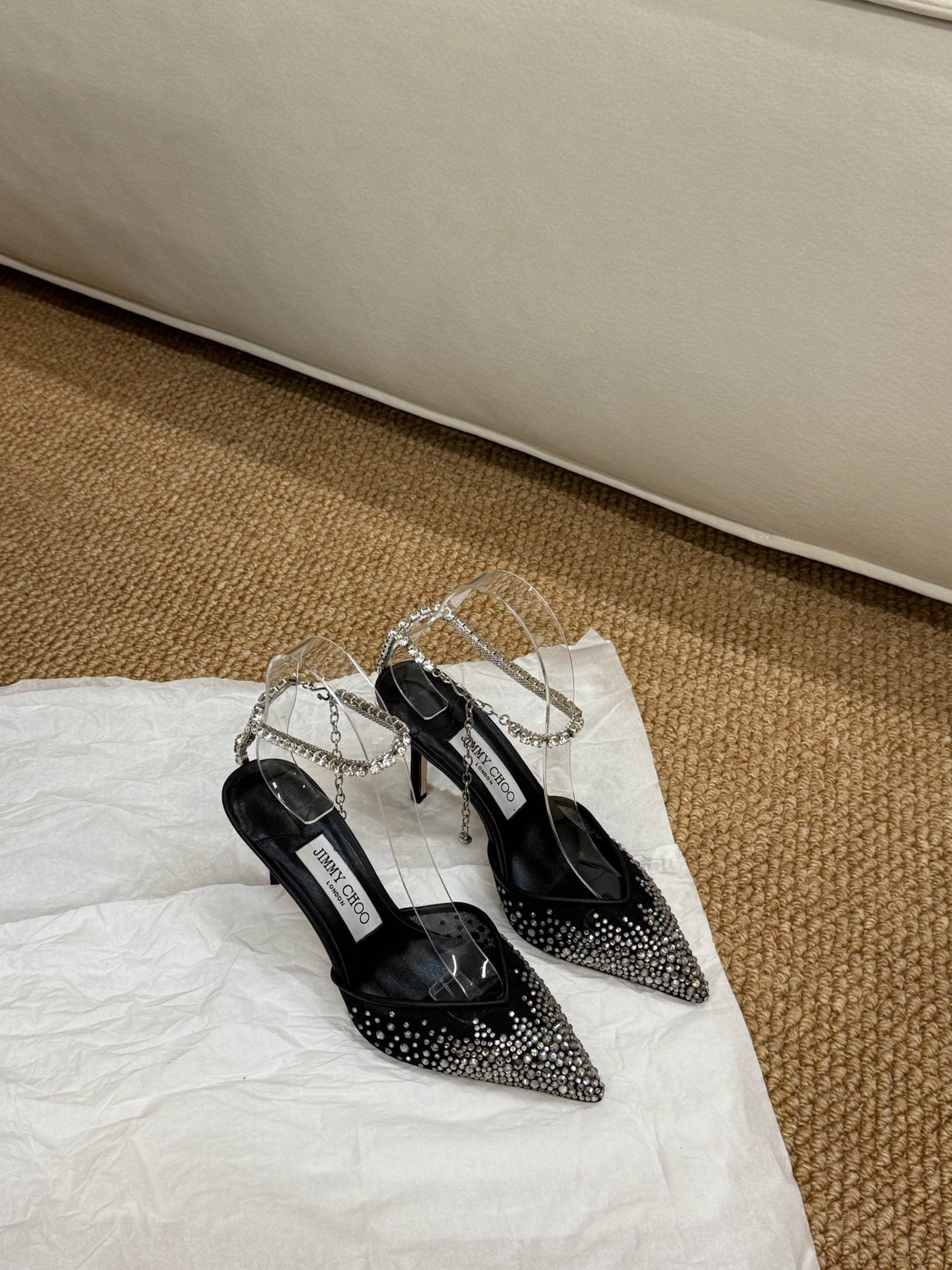 Jimmy Crystal-embellished Saeda Pumps 100mm Black Mesh Drill 420169