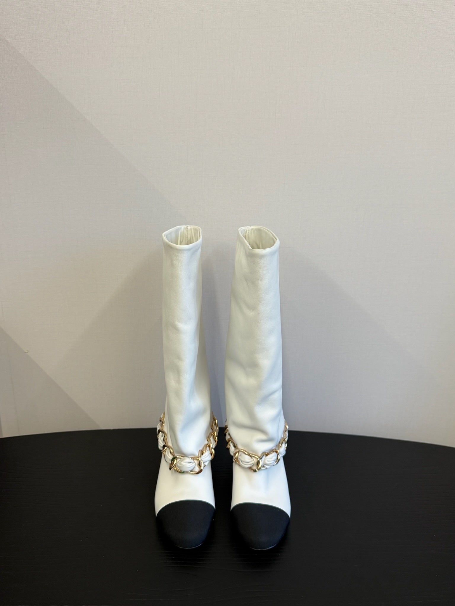 CC 25S High Boots With Chain Black White Cowhide & Sheepskin 417846