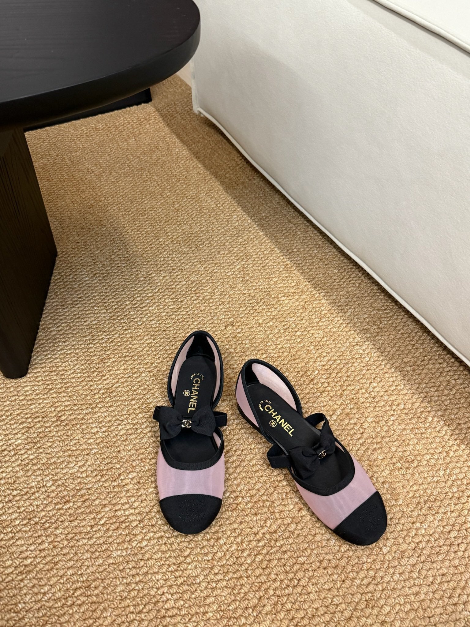 CC 26s Mary Jane Flats In Pink And Black Mesh Ribbon Strap Cap Toe