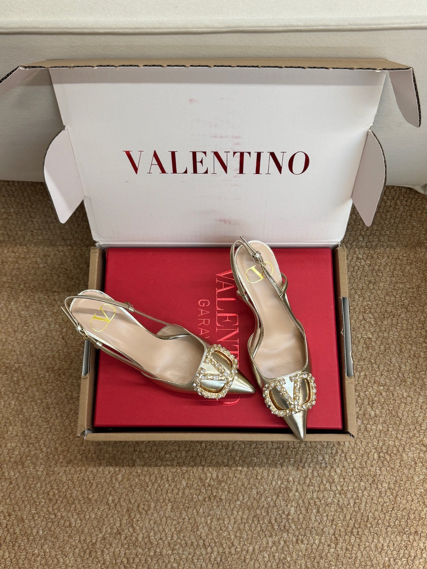 Valentino 26s High Heel Slingbacks In Metallic Gold Calfskin With Crystal