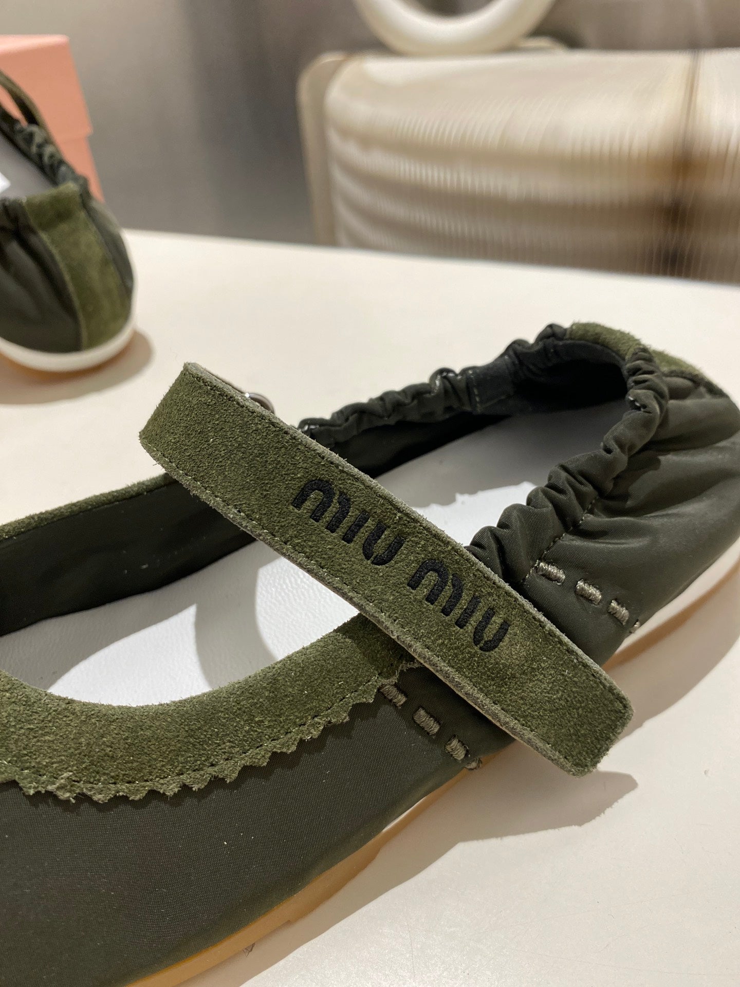 Miu 26s Ruches Nappa Ballerinas In Army Green Suede And Fabric