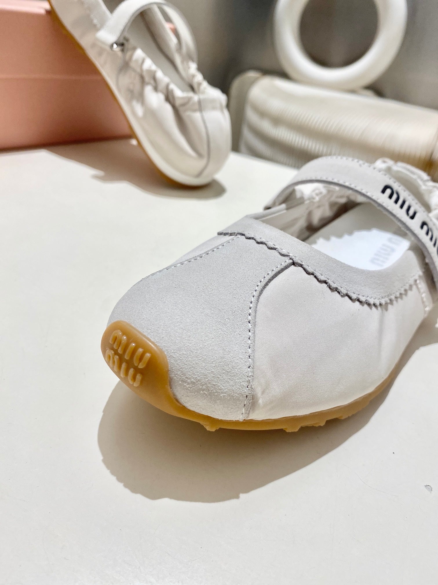 Miu 26s Ruches Nappa Ballerinas In Cream White Suede And Fabric