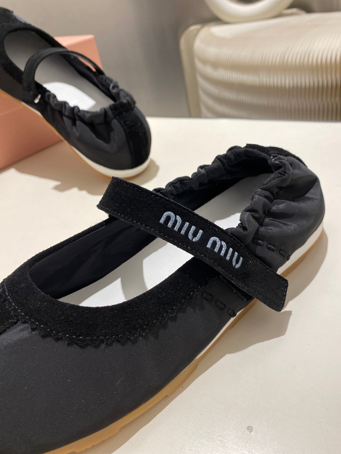 Miu 26s Ruches Nappa Ballerinas In Black Suede And Fabric