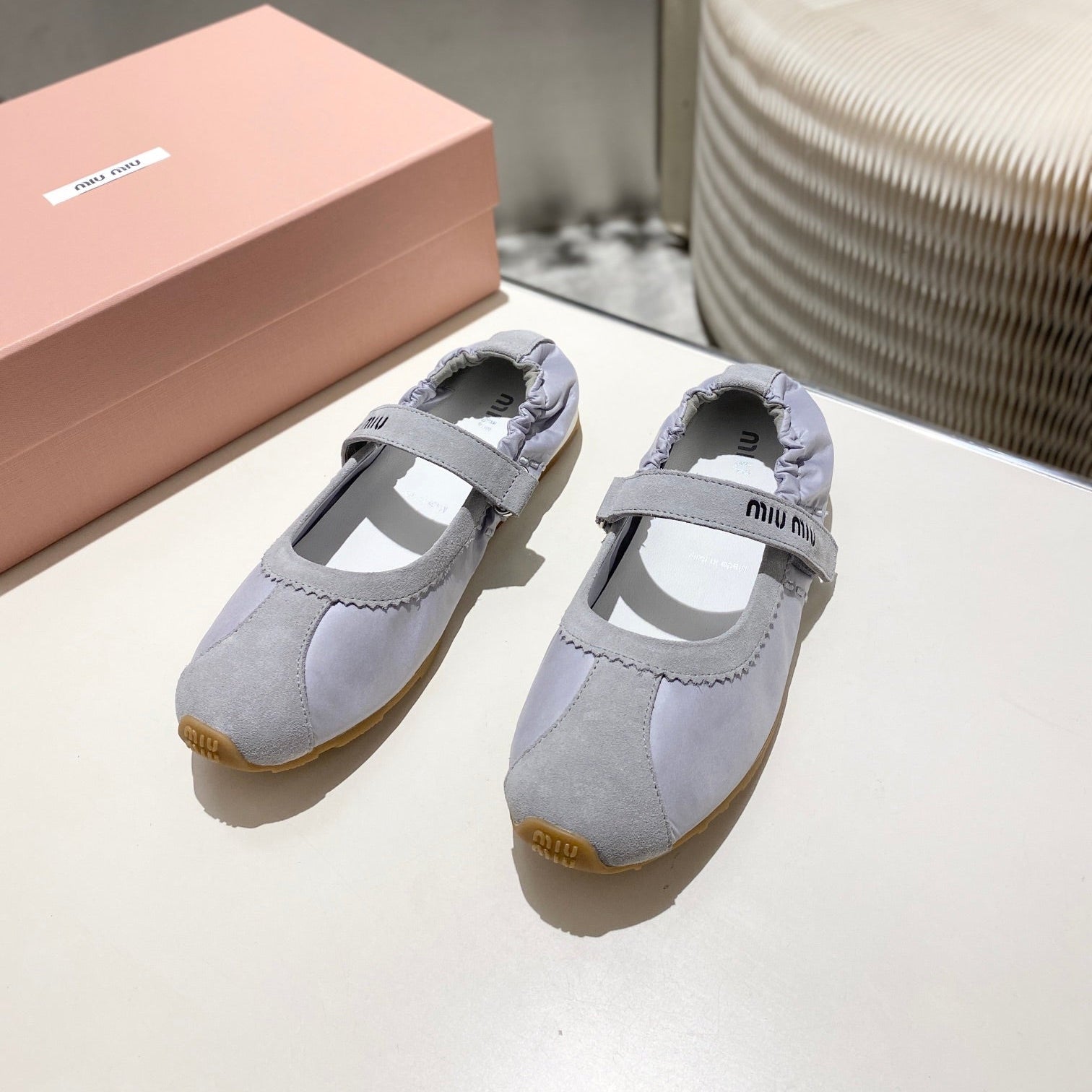 Miu 26s Ballerinas In Lilac Grey Fabric And Suede