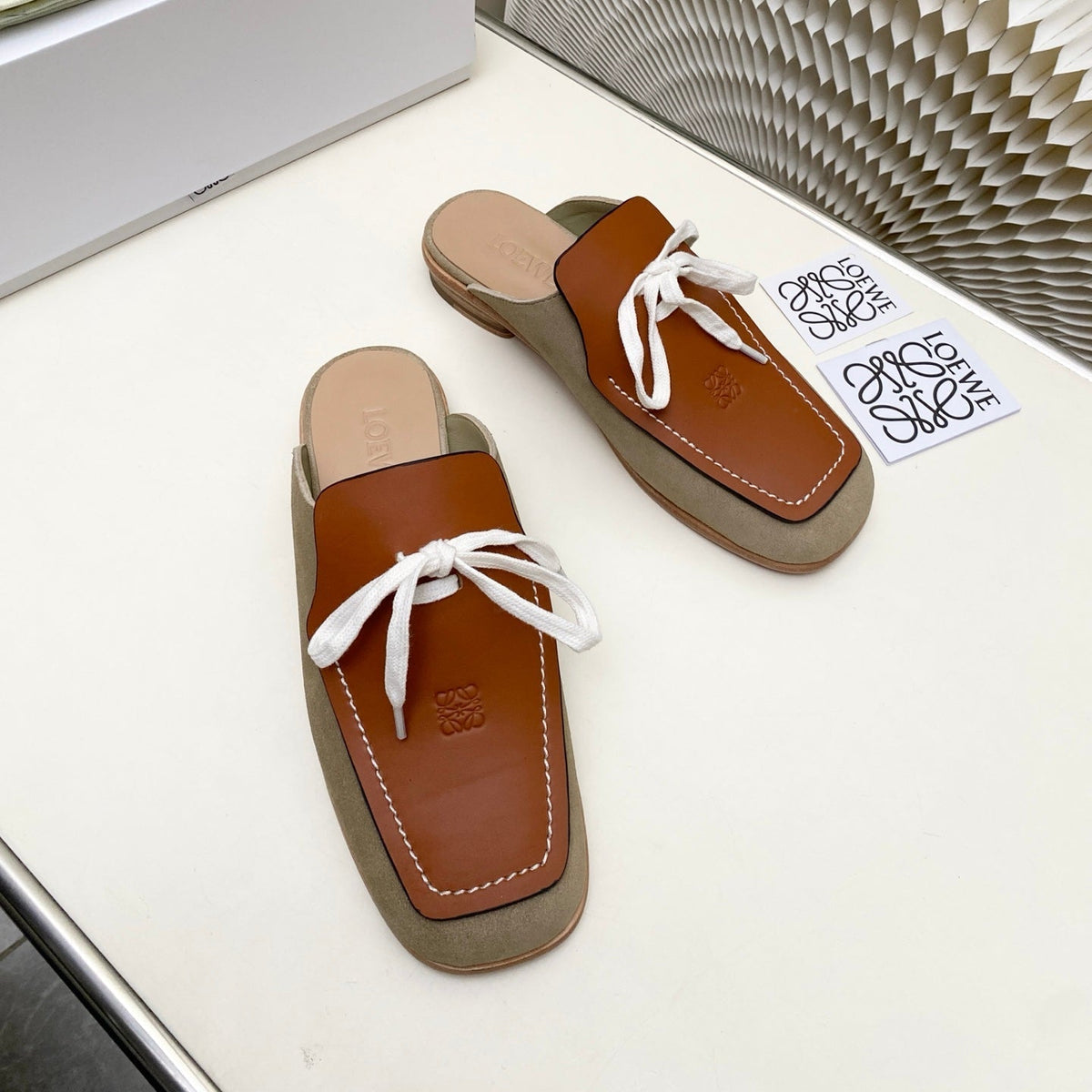 Loewe 26s Flat Mules In Brown Calfskin And Suede