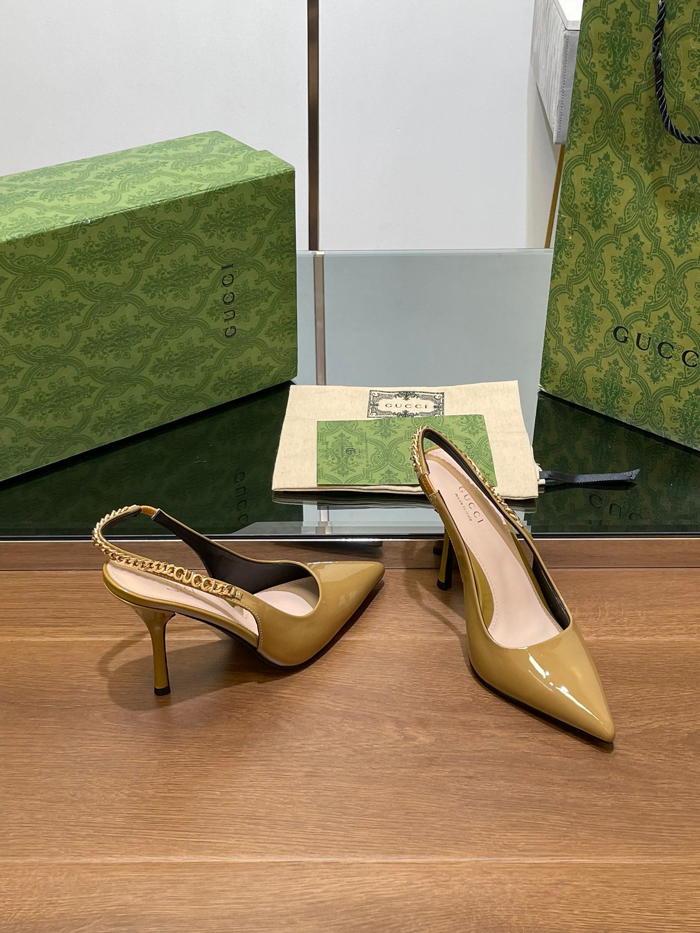 GG HIGH SLINGBACK 10.5 CM IN DIJON YELLOW GLOSSY CALFSKIN