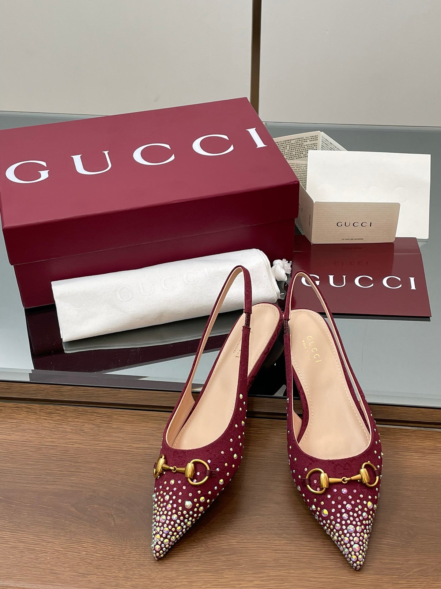 GG Horsebit Slingback Flat Red Ebony Monogram Canvas Point Toe Crystal-Embellished