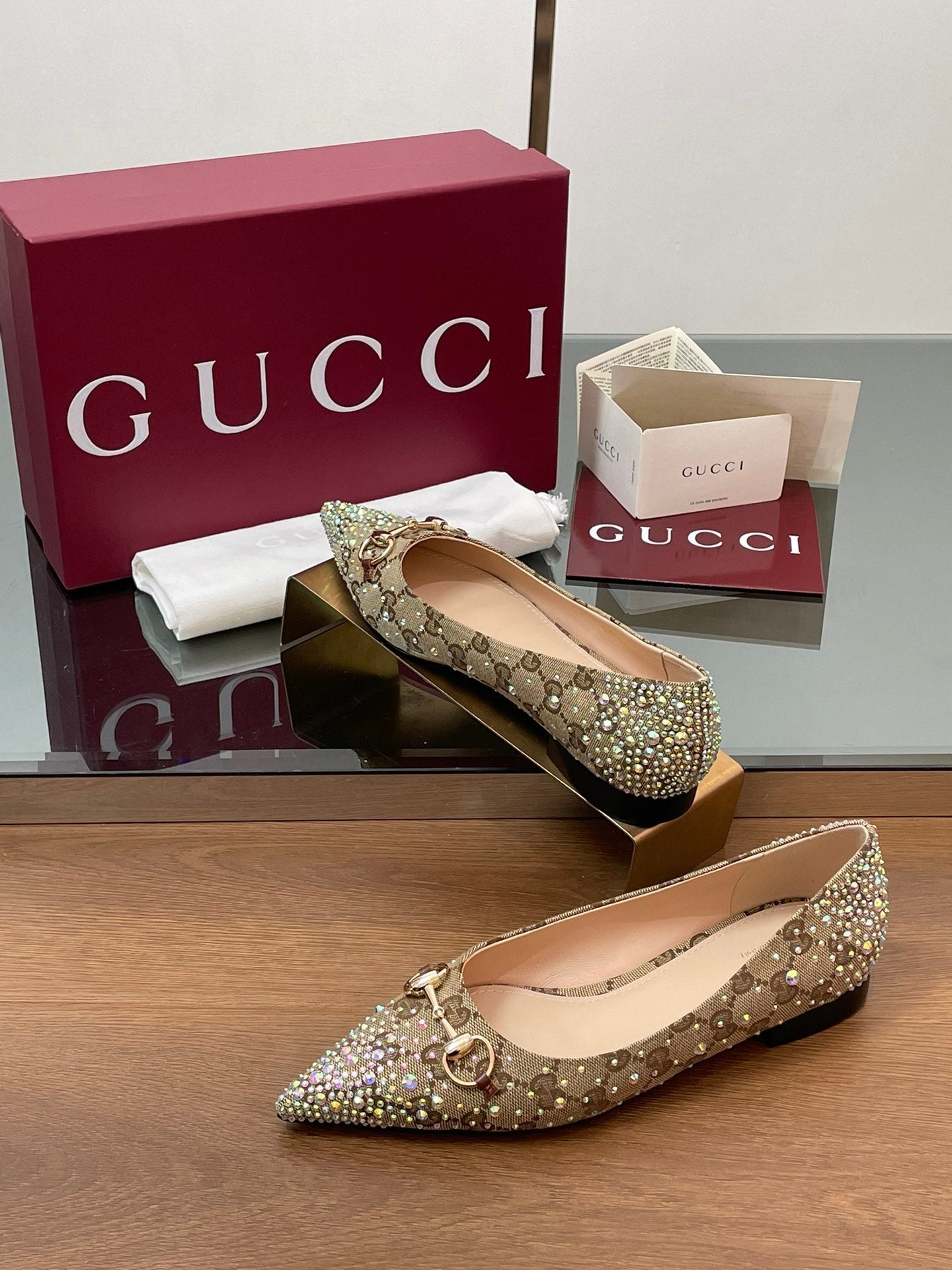 GG Horsebit Ballet Flat Beige Ebony Monogram Canvas Crystal-Embellished