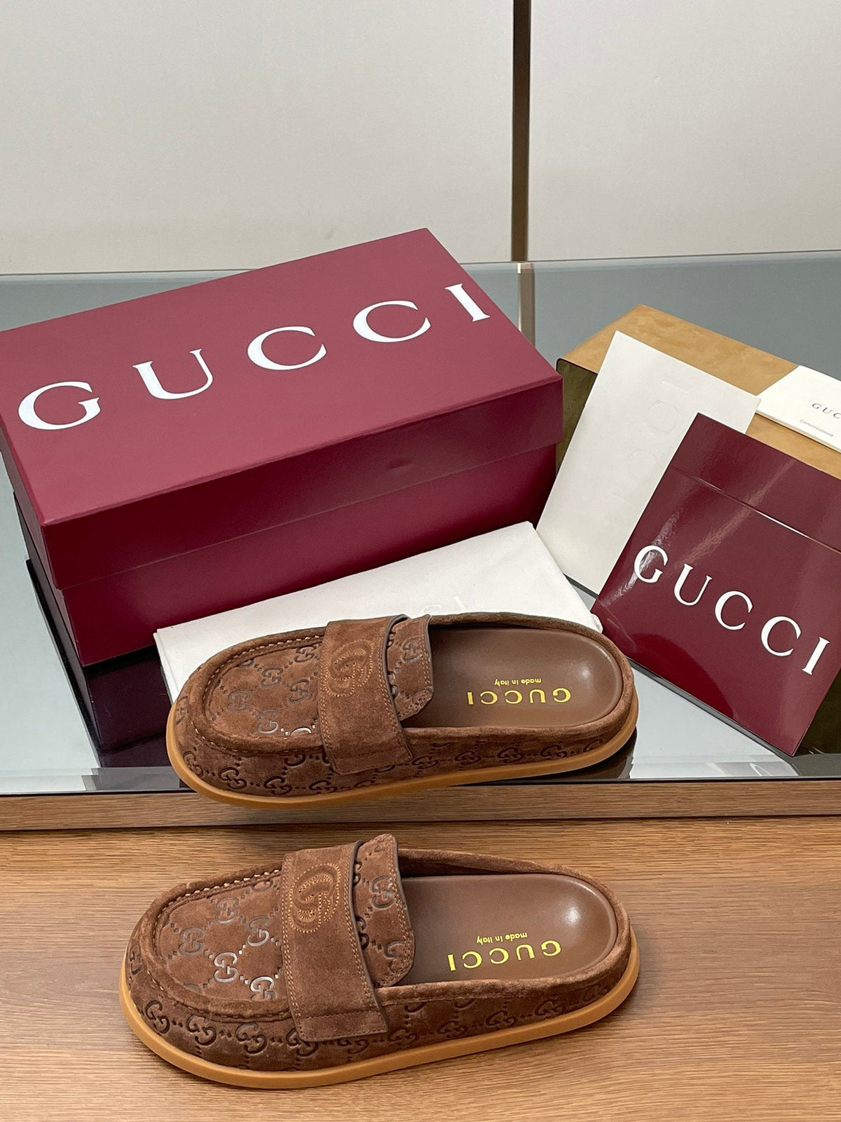 Gucci 26s Celia Mules Brown GG Suede 156866