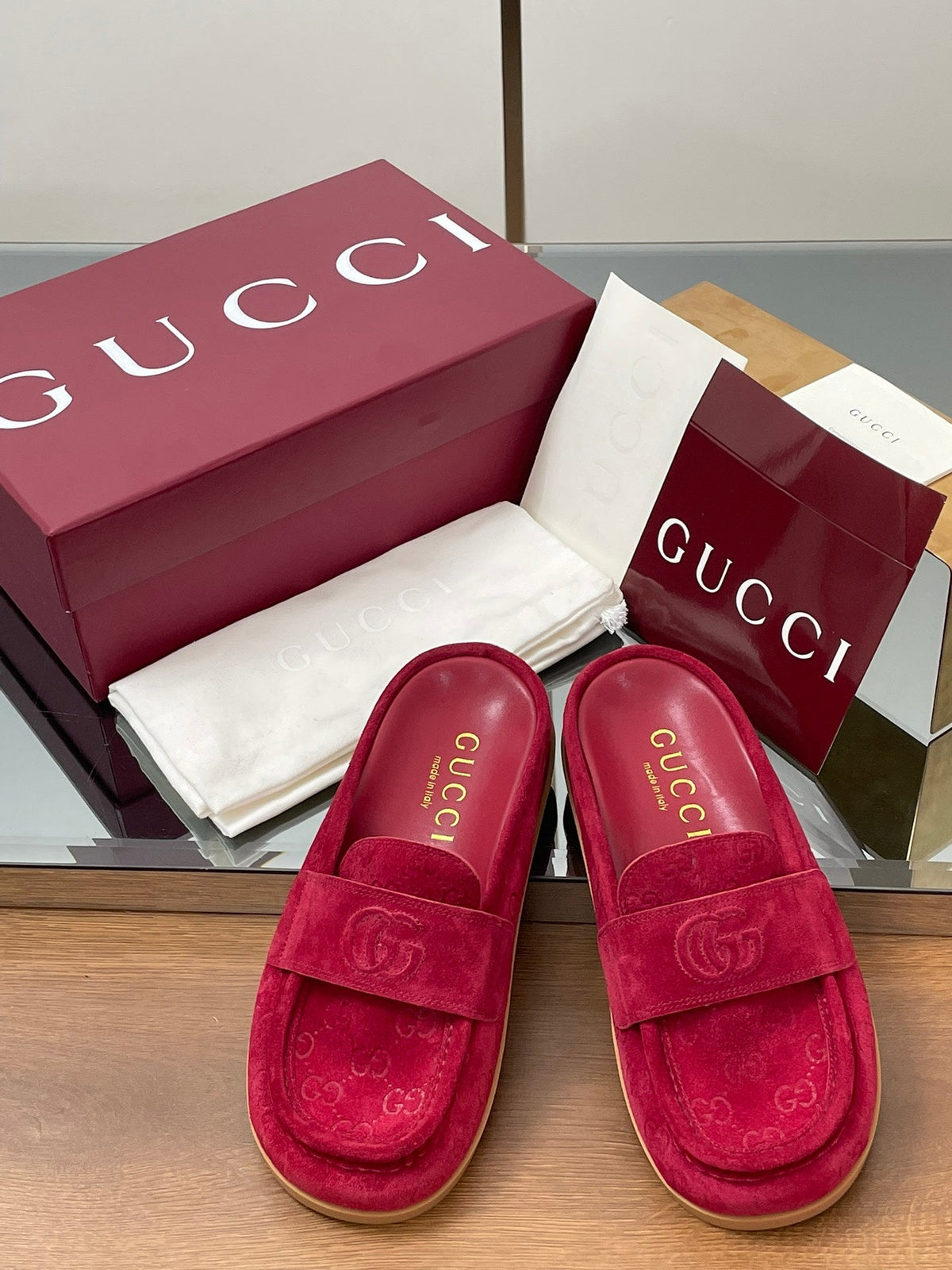 Gucci 26s Celia Mules Fuchsia GG Suede 156838