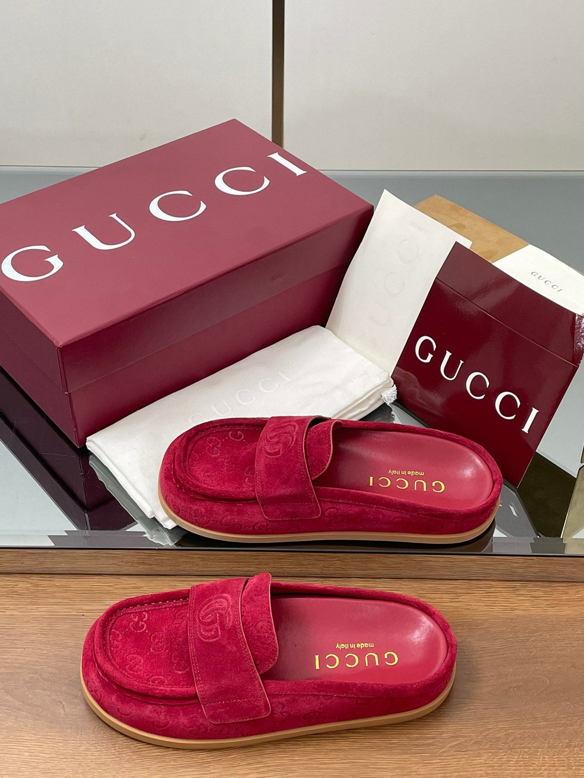 Gucci 26s Celia Mules Fuchsia GG Suede 156838