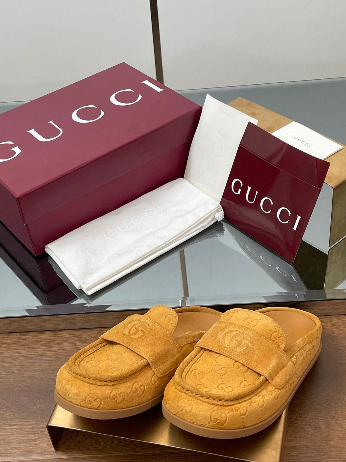 Gucci 26s Celia Mules Mustard GG Suede 156839