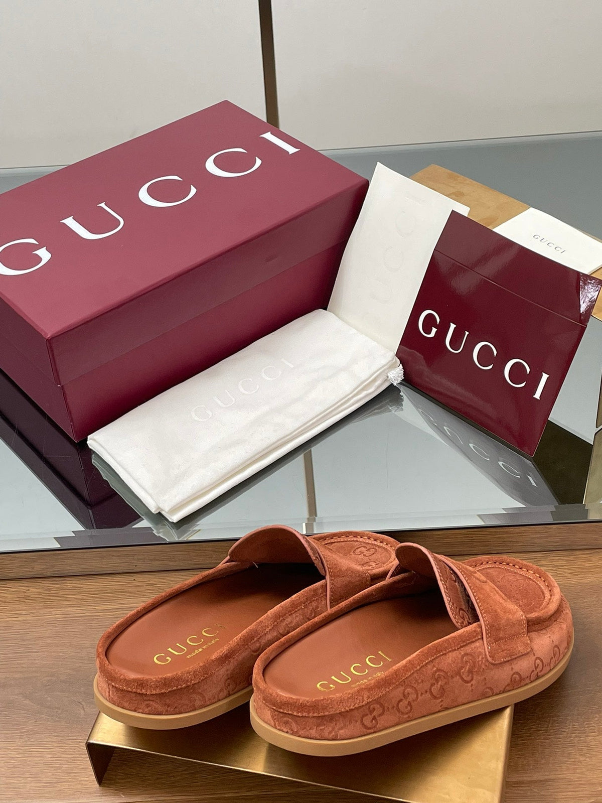 Gucci 26s Celia Mules Brick Red GG Suede 156841