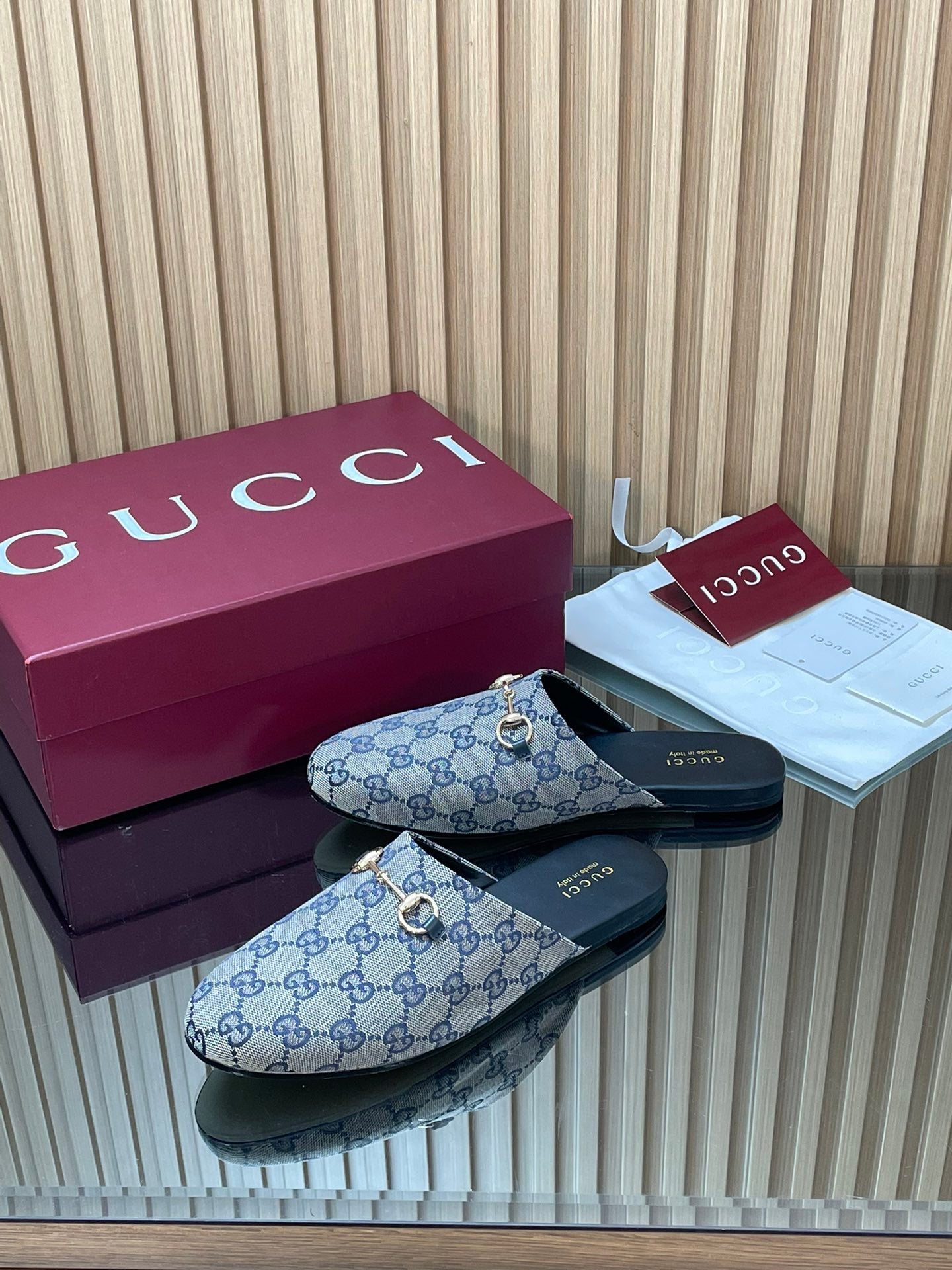 Gucci 25 Horsebit Mule Blue Grey GG Suede 563074