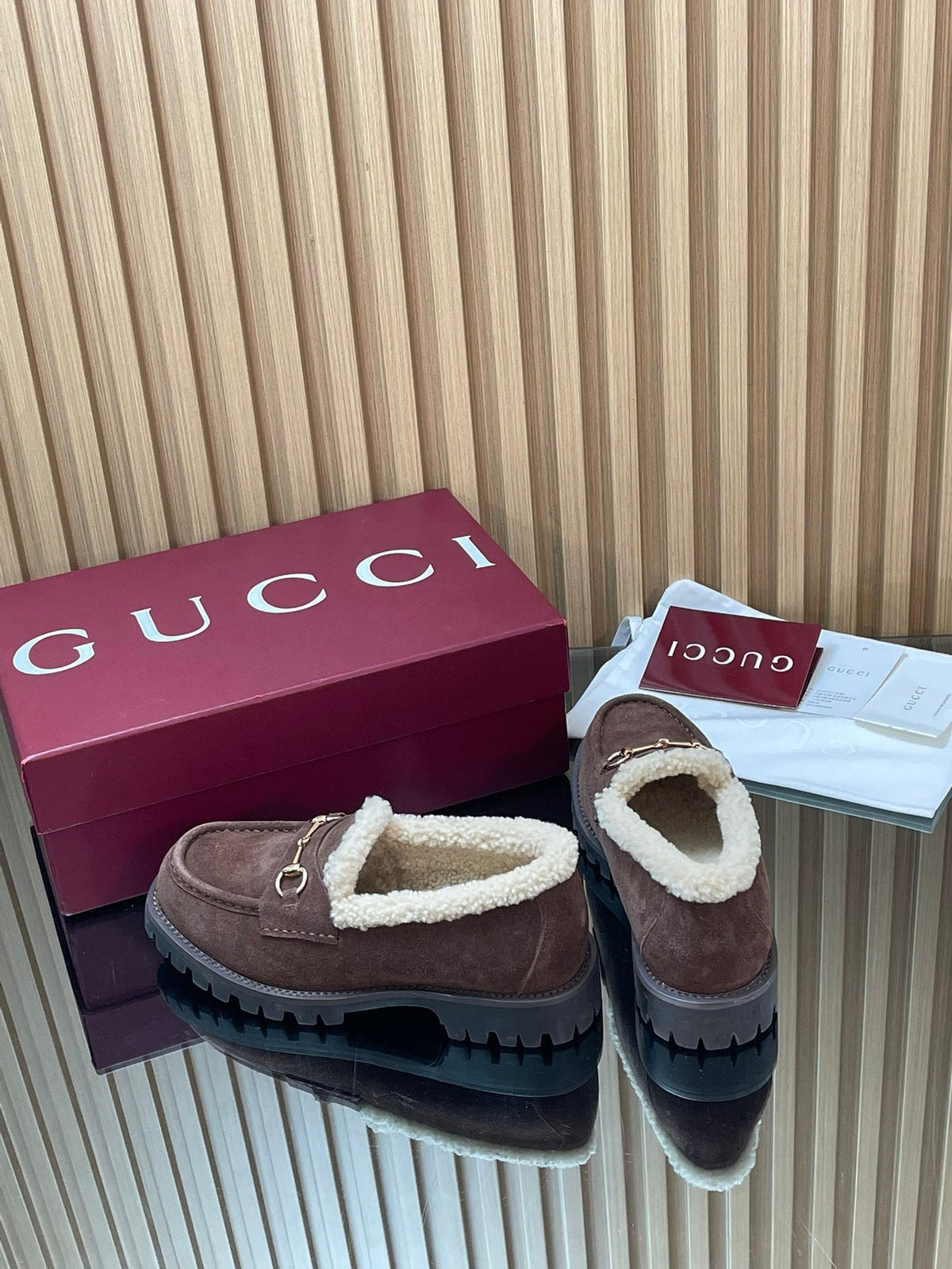 Gucci 26s Loafers Dark Brown Suede Shearling 156829