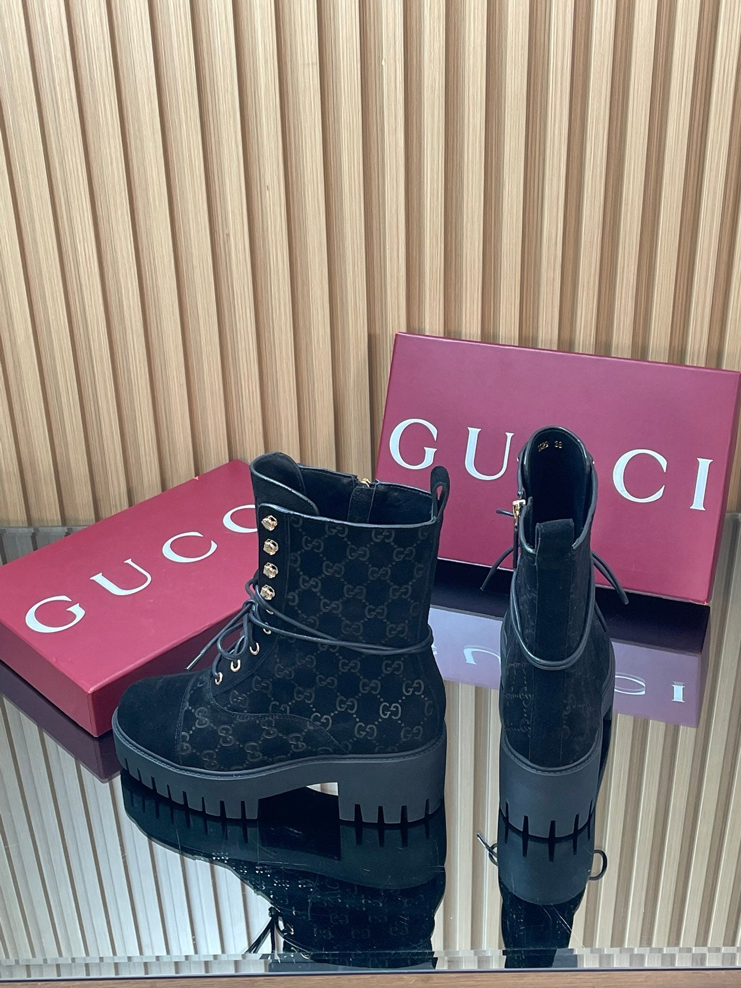 GG 26s Combat Boots Black GG-Embossed Suede 997186