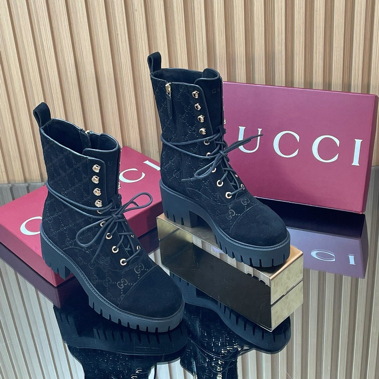 GG 26s Combat Boots Black GG-Embossed Suede 997186